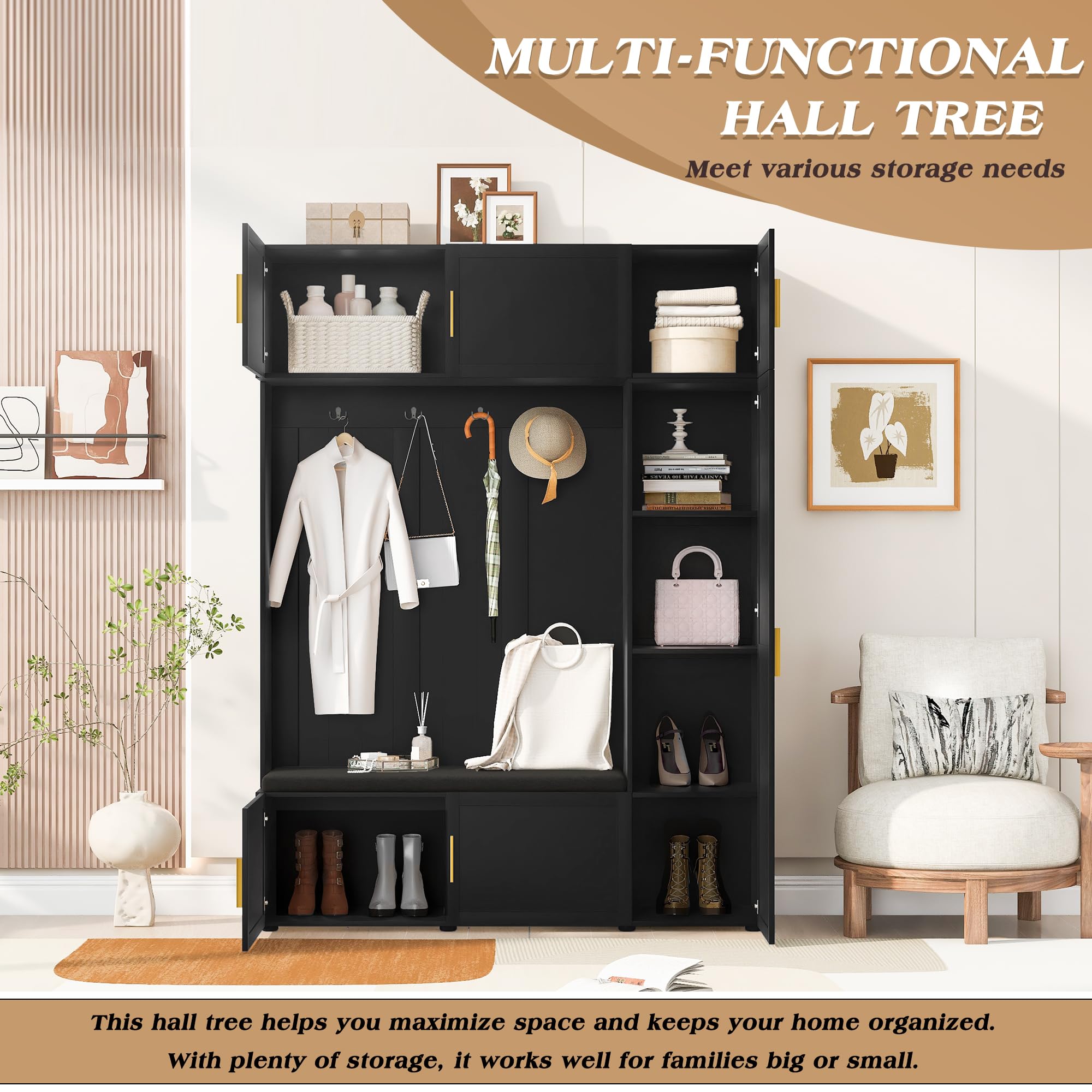Amposei Modern Hall Tree with Shoe Storage Bench & Coat Rack, 79.72''H Tall Entryway Cabinet Organizer with 6 Doors, 4 Hooks & Padded Seat for Hallway Mudroom Living Room, Black