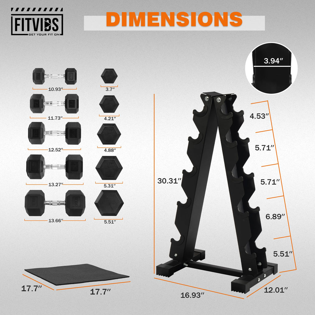 Fitvids Rubber Coated Hex Dumbbell Weight Set and Storage Rack, 200 LBS