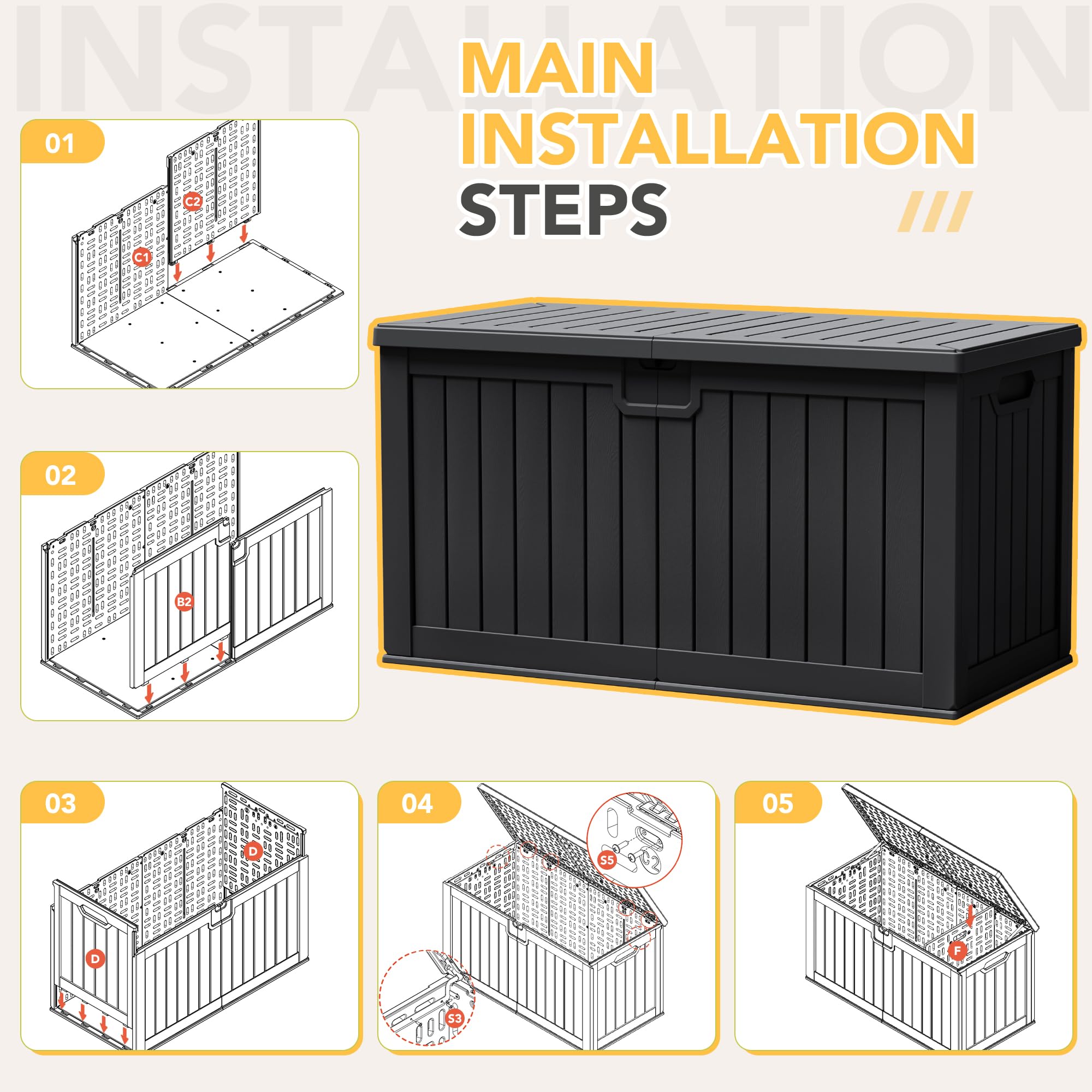 Acurax 240 Gallon HDPE Deck Box Outdoor Indoor Waterproof Storage Box for Patio Furniture, Pool Accessories, Garden Tools, and Cushion Storage, Black