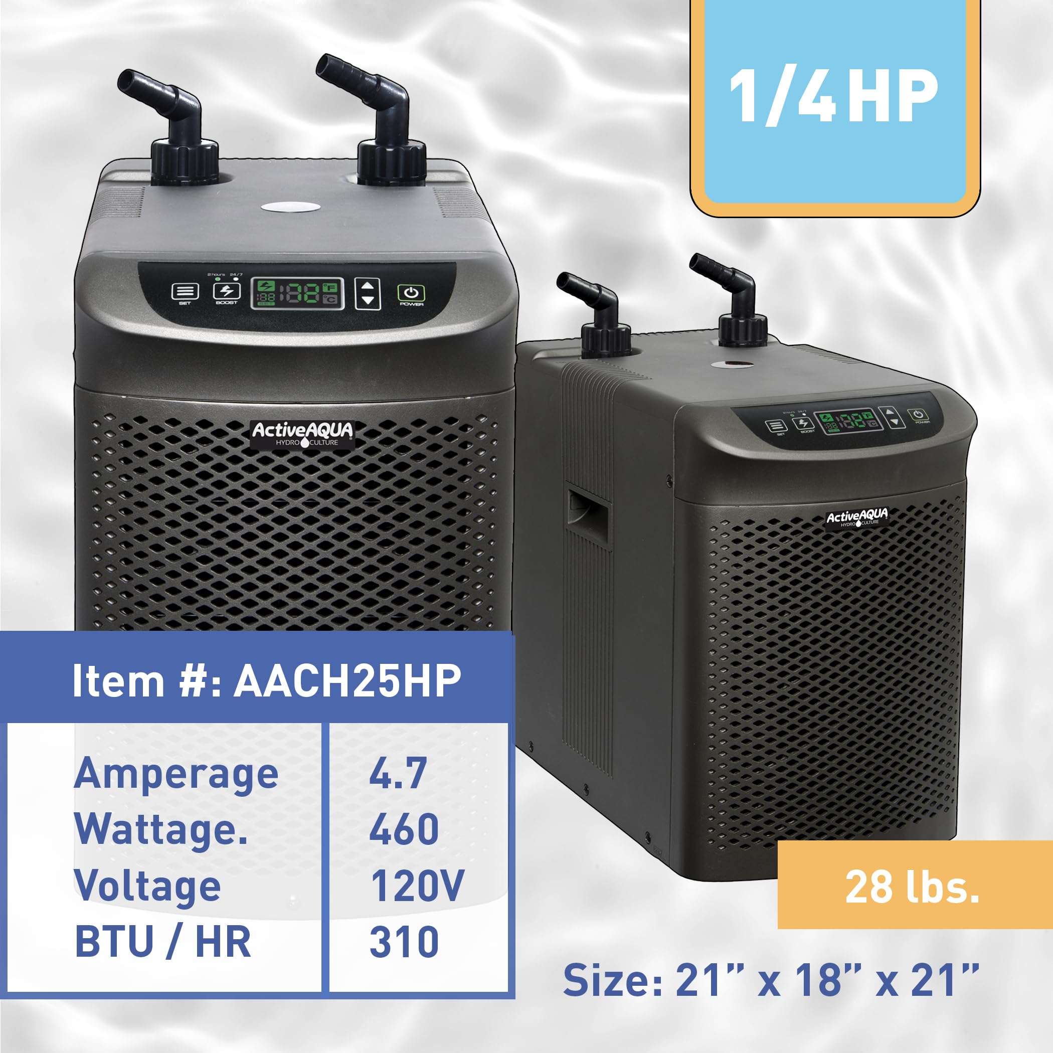 Active Aqua Hydroponic Water Chiller for Aquaponics, Plunge Baths and Aquariums, 0.25 HP - Portable Cooling System with Boost Function for 40-92 Gallon Reservoirs, Pure Titanium Evaporator Cooler