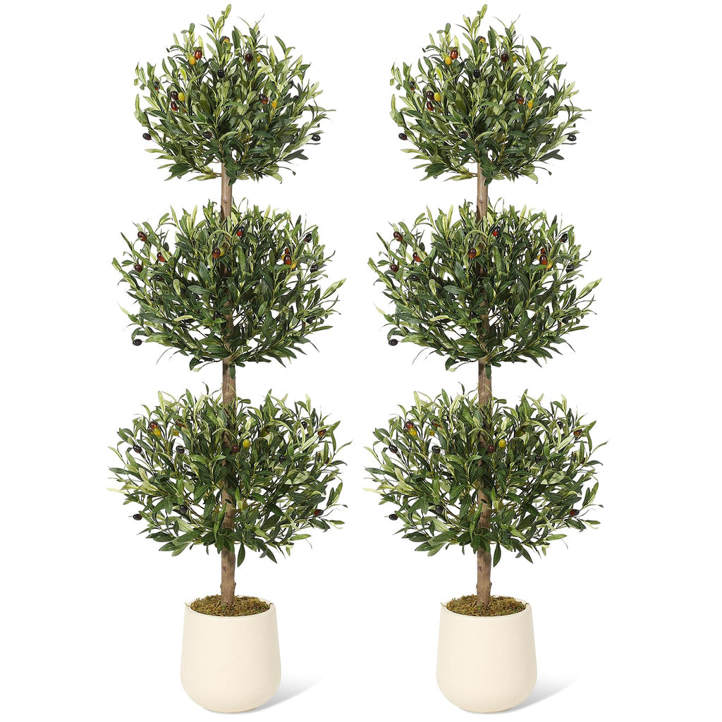 2 Pcs Artificial Olive Tree, 5FT Tall Olive Trees Artificial Indoor, Fake Olive Tree with Planter, 3-Tier Spherical Design Faux Olive Tree for Home Office Decor