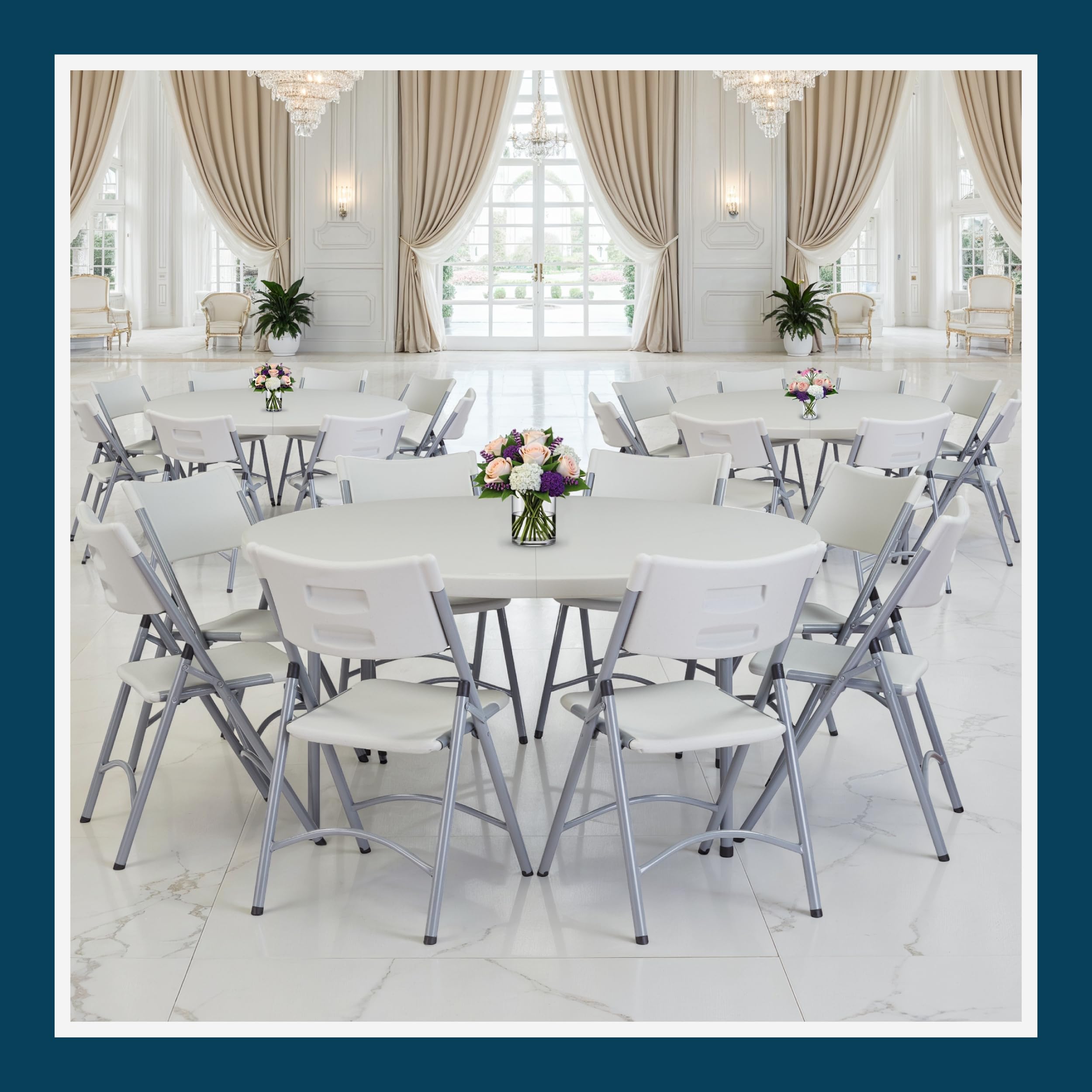 OEF Furnishings OEFCMFIH60R Commercial-Grade Premium Industrial Fold-in-Half Blow-Molded Folding Table with 19-Gauge Steel Frame and Thick Top (60" Diameter, Speckled Gray Top)