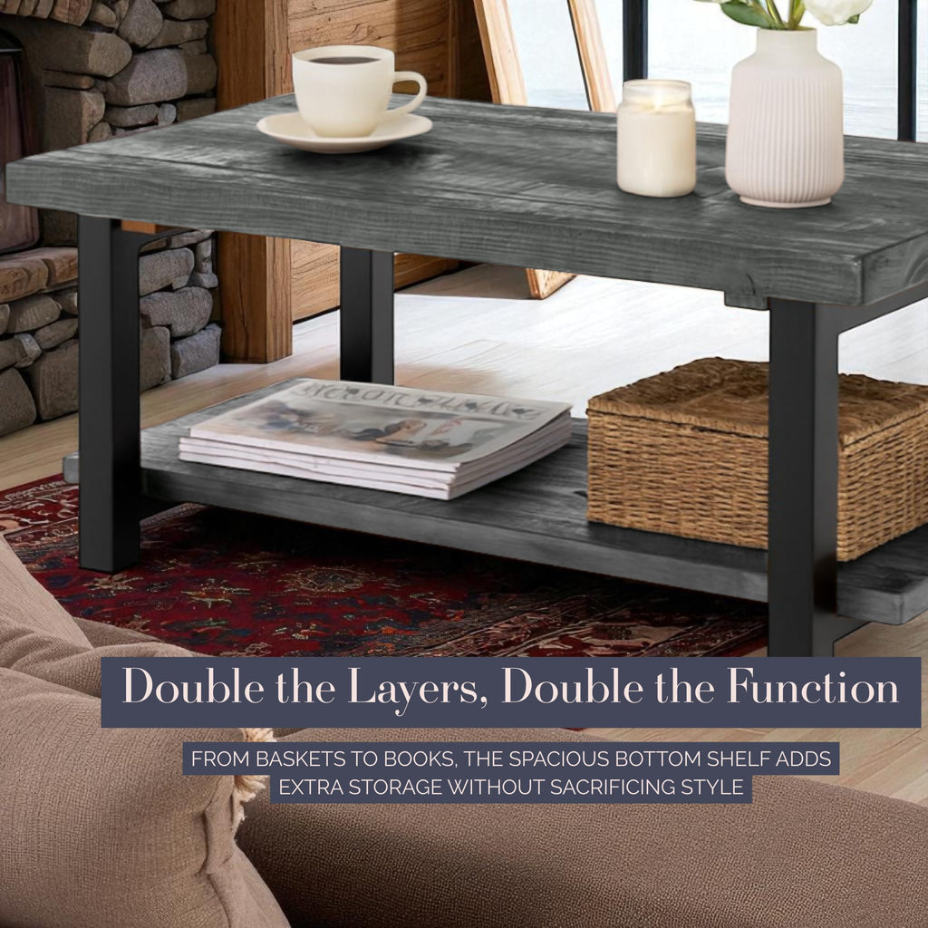 Alaterre Furniture Pomona Living Room 42 Inch Rectangular Solid Wood Coffee Table with Storage Shelf & Metal Legs – Modern Rustic Industrial Living Room Table (Slate Grey)