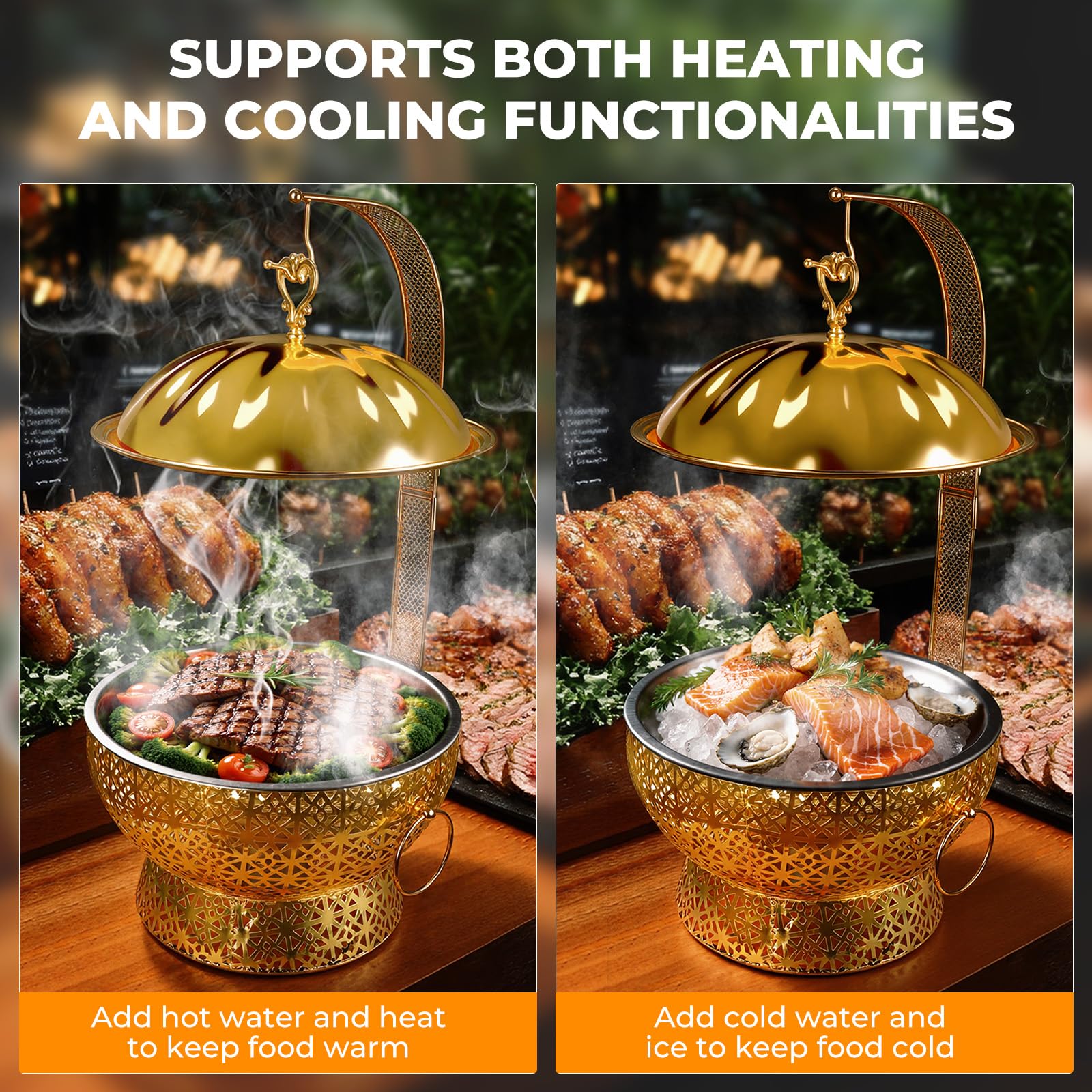 8QT Gold Chafing Dish Buffet Set, Luxury Stainless Steel Food Warmer, Elegant Hollow-Out Design Catering Server for Weddings, Parties, Hotel, Banquets, Christmas & Home Entertaining（2 pcs）