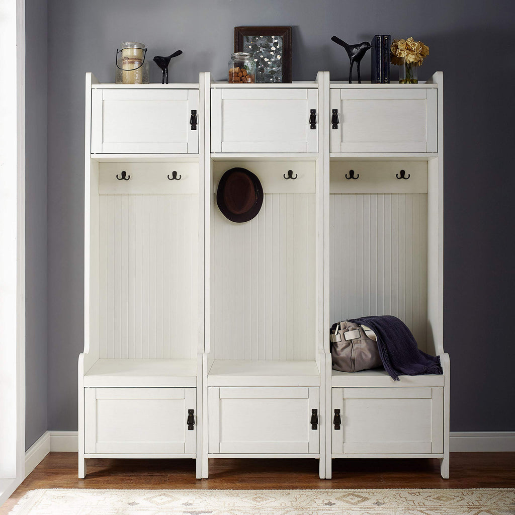 Crosley Furniture Fremont 3-Piece Hall Tree Entryway Set with Storage Cabinets and Coat Rack Hooks, Distressed White