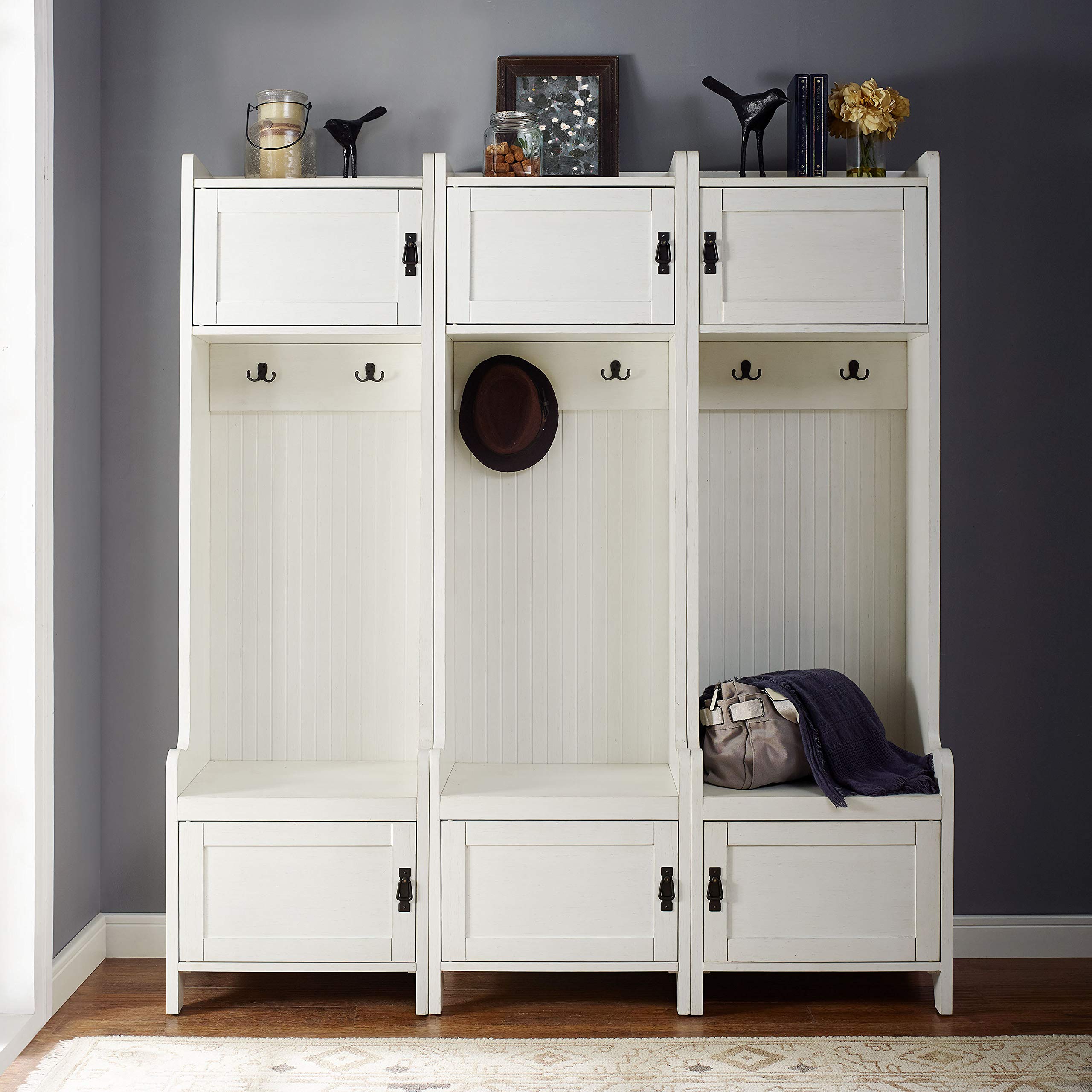 Crosley Furniture Fremont 3-Piece Hall Tree Entryway Set with Storage Cabinets and Coat Rack Hooks, Distressed White