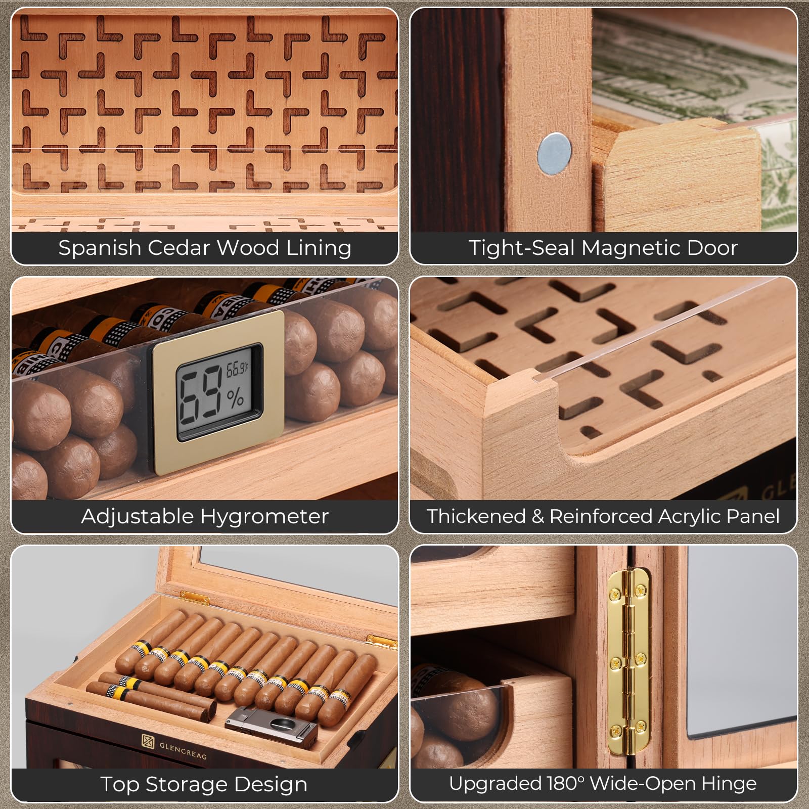 GLENCREAG M26FM-T Cigar Humidor Cabinet for 250 Cigars – Spanish Cedar Lining, Digital Hygrometer, Magnetic Seal, 5 Drawers & Transparent Top Storage– Gift for Cigar Aficionados
