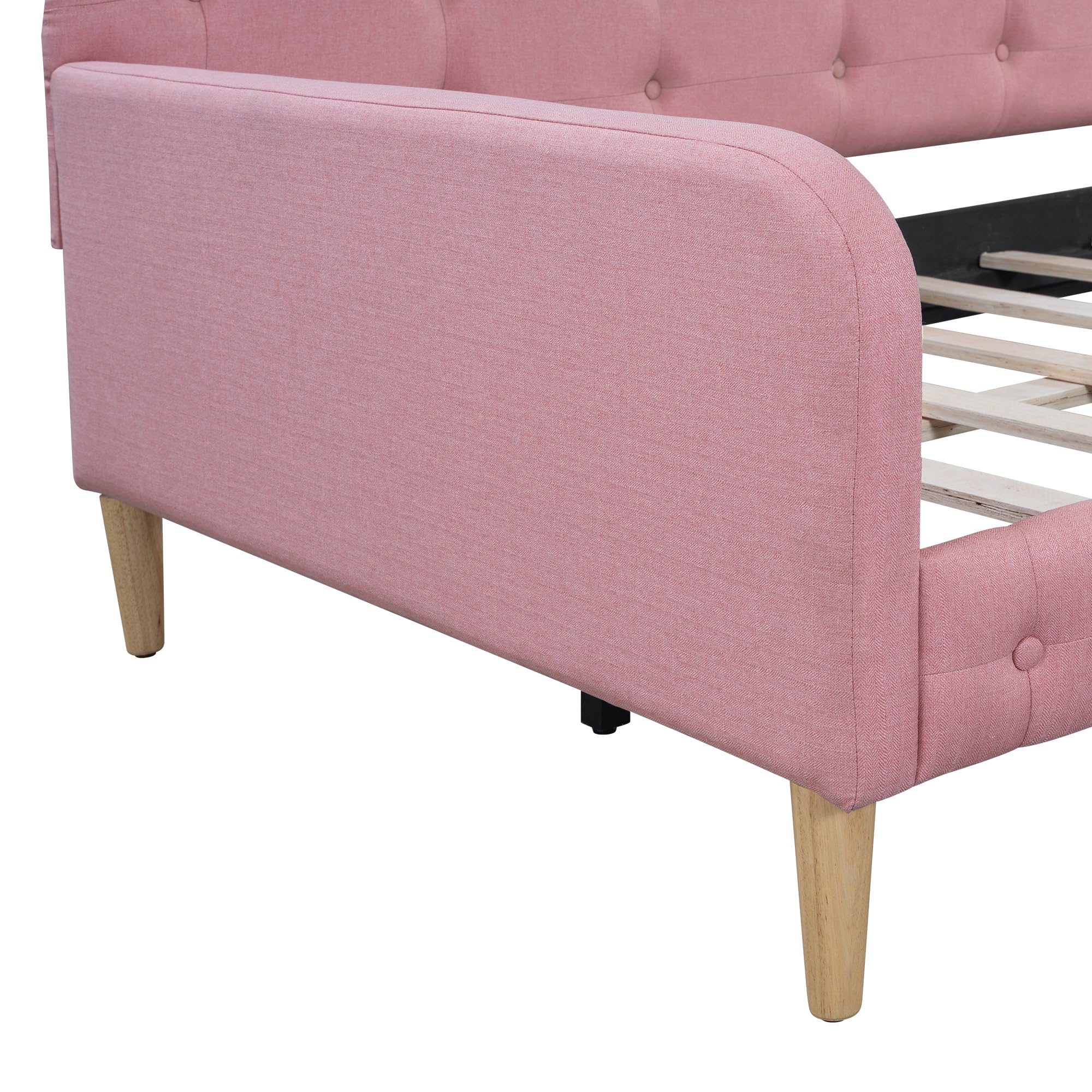 Bellemave Twin Upholstered Daybed with 4 Support Legs, Corner Bed, Upholstered Bedframe for Kids,Teens,Adults, Pink (Linen)