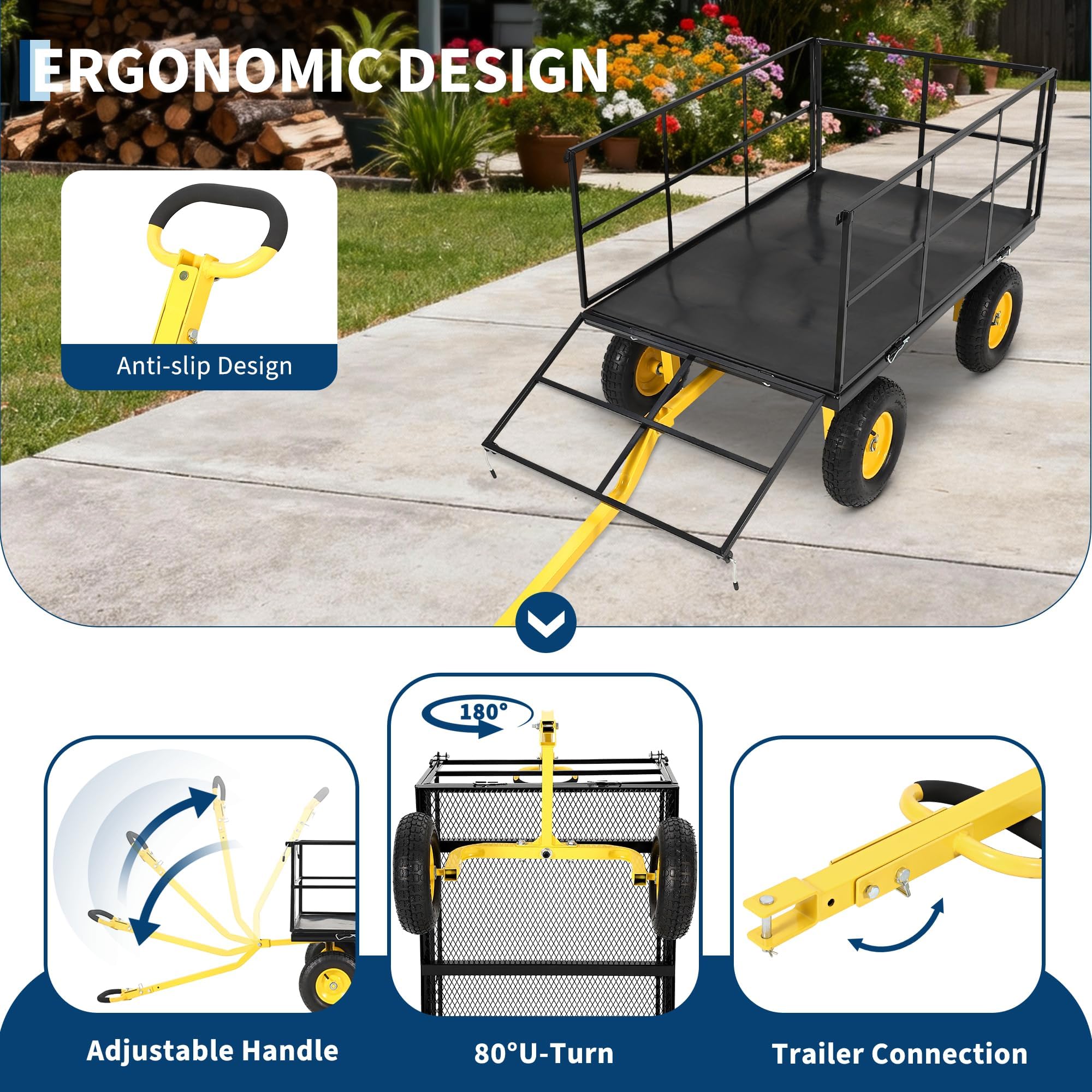 Heavy Duty 1500 Lbs Capacity Mesh Steel Garden Cart Folding Utility Wagon with Removable Sides and Wheels for Transporting Gardening Soil Tools and Plants