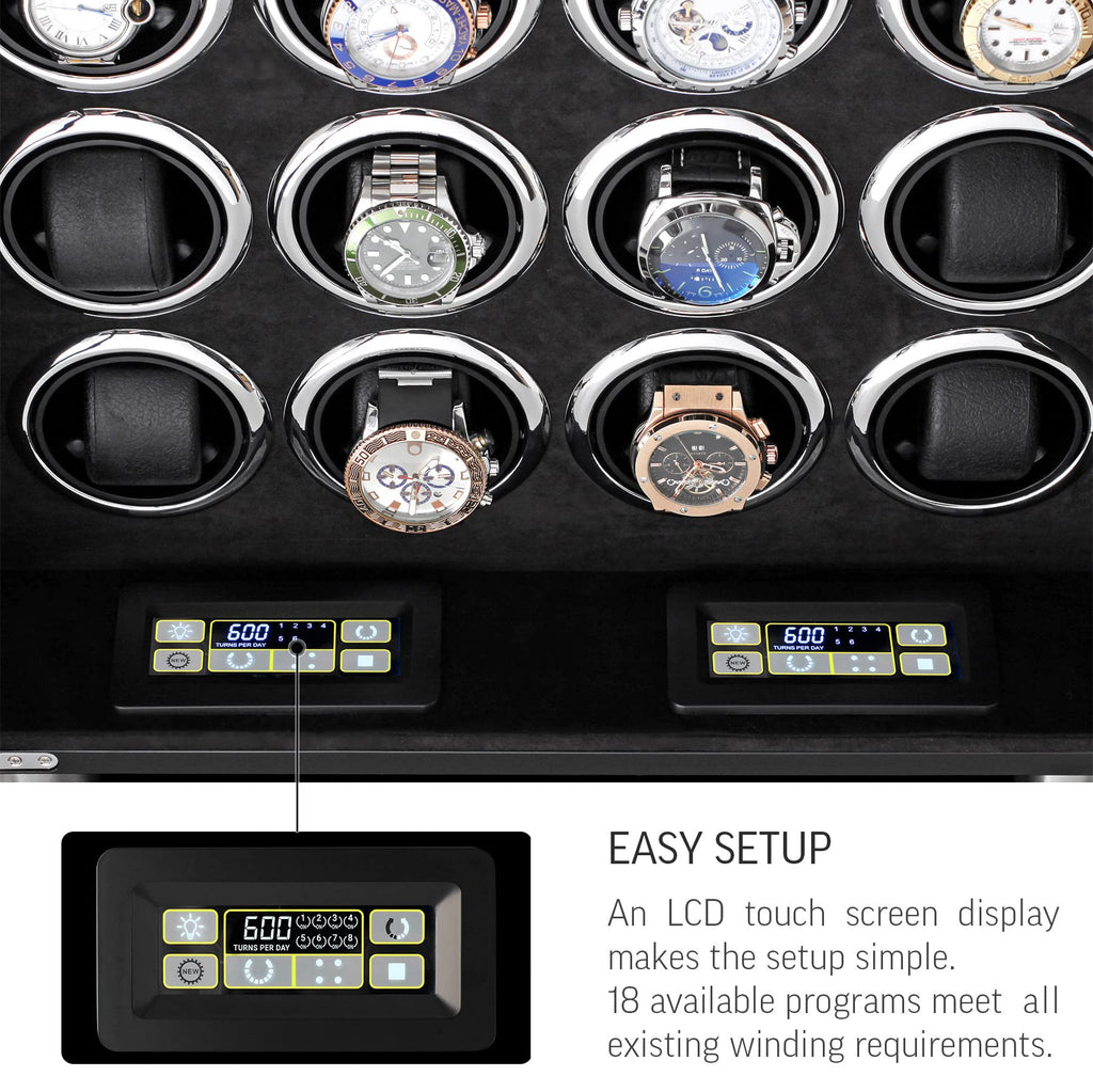 Watch Winder for 16 Automatic Watches with LED Light and LCD Touchscreen Control (Black + Black)