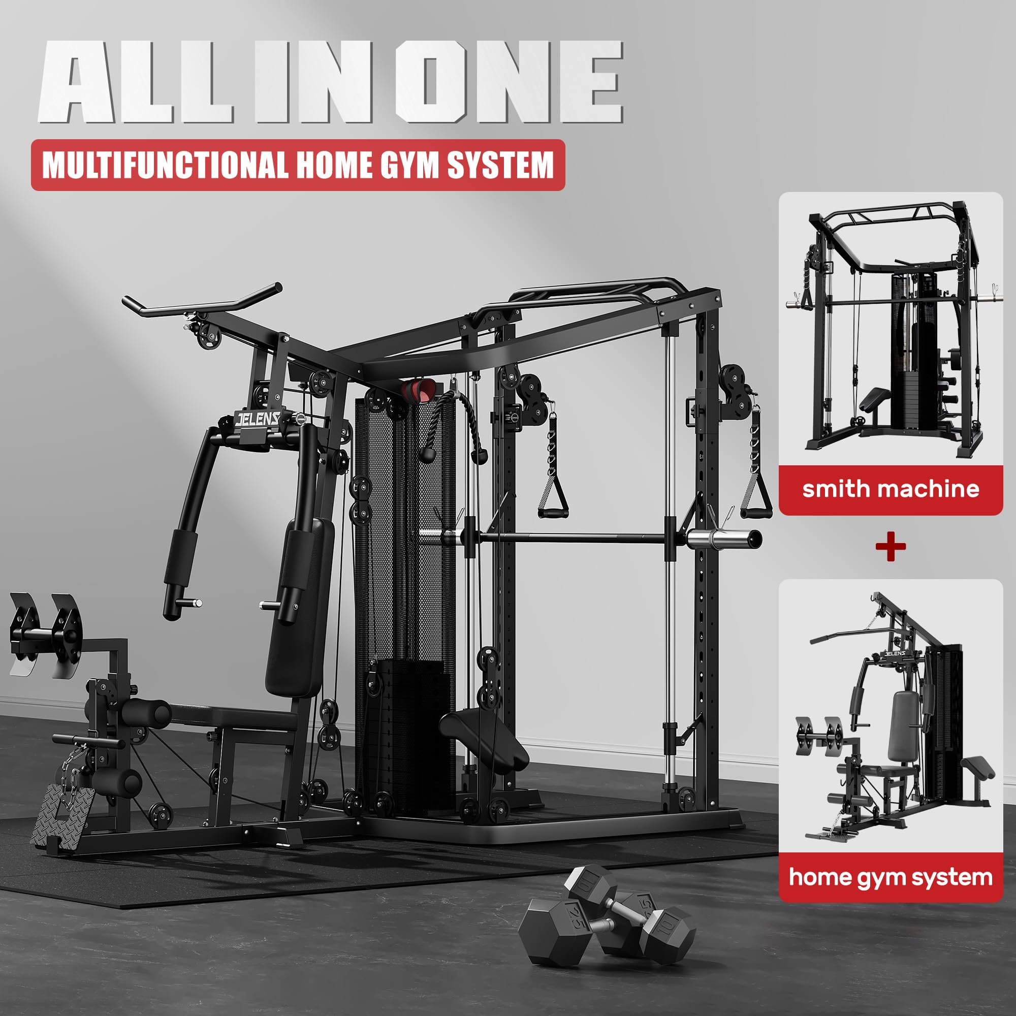 JELENS Home Gym System, 150LB Weight Stack Smith Machine with LAT Pull-Down & Leg Press, All-in-One Strength Training Equipment, Workout Station for Workout (Black, 140LBS Black Weights Package)