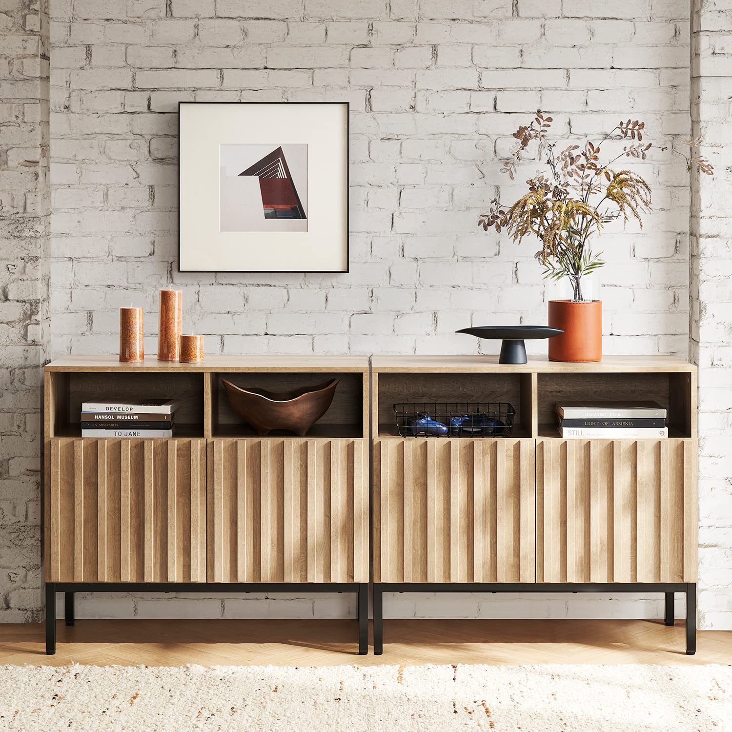 mopio Norwin Storage Cabinet, Sturdy Modern Rustic Industrial Buffet Sideboard, Fluted Accent Storage Cabinets, Credenza, Oak Wood TV Stand, Entertainment Center, Media Console, Living Room (Single)