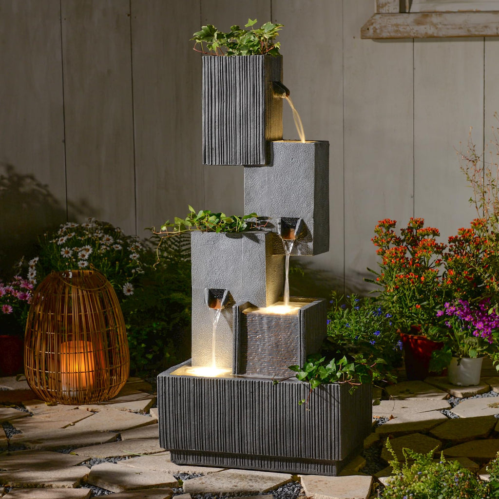 GardesT Outdoor Waterfall Fountain with LED Lights – 41.3" Tiered Resin Garden Fountain for Patio, Yard, or Backyard – Weather-Resistant Design Modern Decor