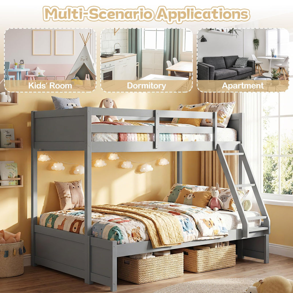 Giantex Twin Over Fulll Bunk Bed, Wood Bunk Bed with Full-Length Guardrails, Ladder, Under-Bed Storage Space for Dormitory, Bedroom, Apartment, Two Bed Frame with Slats for Teens, Kids, Adults, Grey