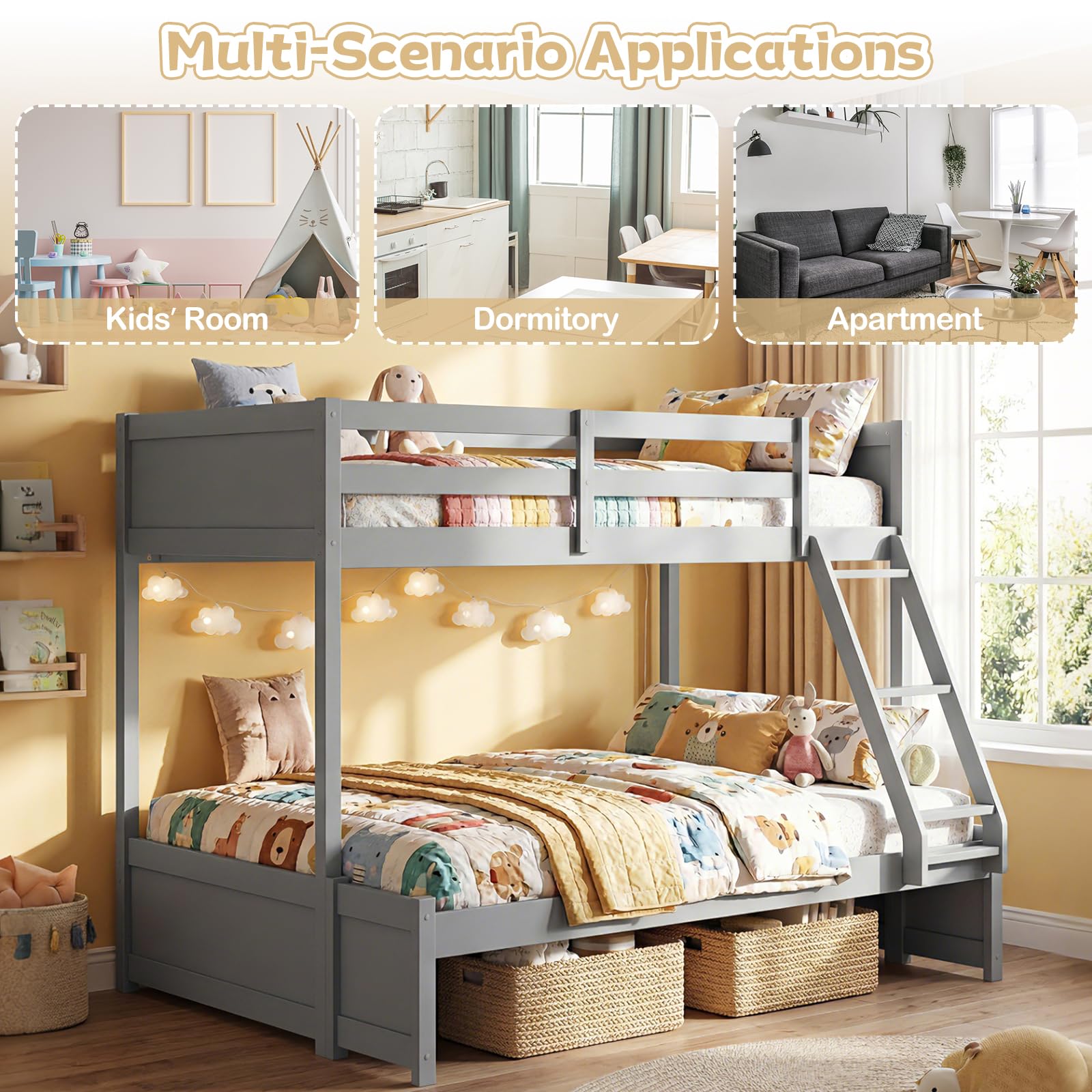 Giantex Twin Over Fulll Bunk Bed, Wood Bunk Bed with Full-Length Guardrails, Ladder, Under-Bed Storage Space for Dormitory, Bedroom, Apartment, Two Bed Frame with Slats for Teens, Kids, Adults, Grey