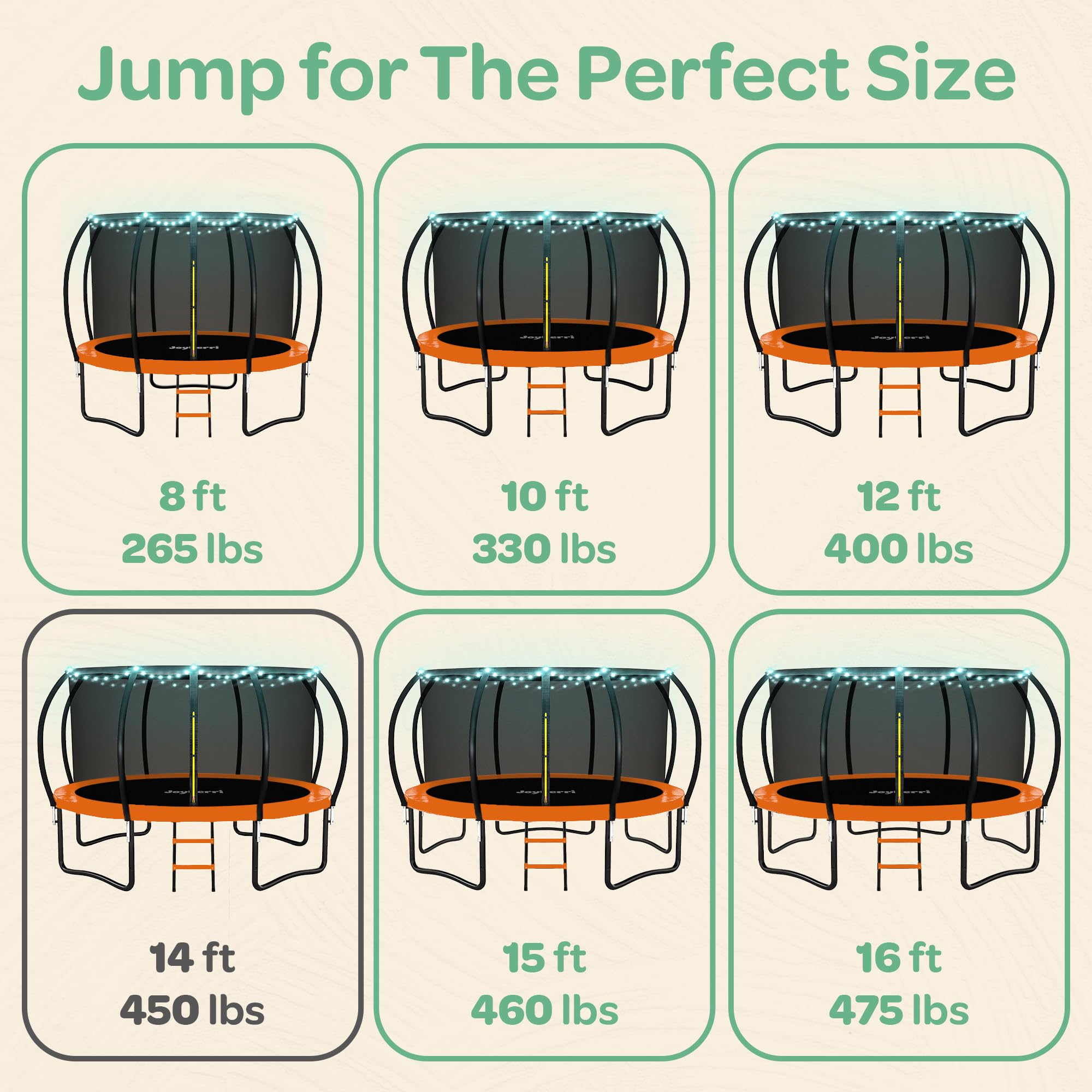 JoyBerri Trampoline Outdoor - Upsurge ASTM Certified Safe 8Ft 10Ft 12Ft 14Ft 15Ft 16Ft Recreational Trampoline for Kids and Adults. Anti-Rust Coating with Enclosure Net, Ladder, Sprinkler & LED Lights