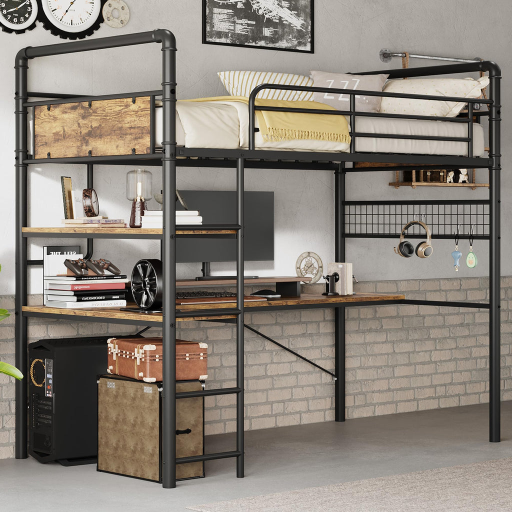 IDEALHOUSE Loft Bed Twin Size with l-Shaped Desk, Metal Bunk Bed with 2 Open Shelves and Decorative Mesh, Twin Loft Bed with 13.4" h Safety Guard & Ladder,No Box Spring Needed,Brown