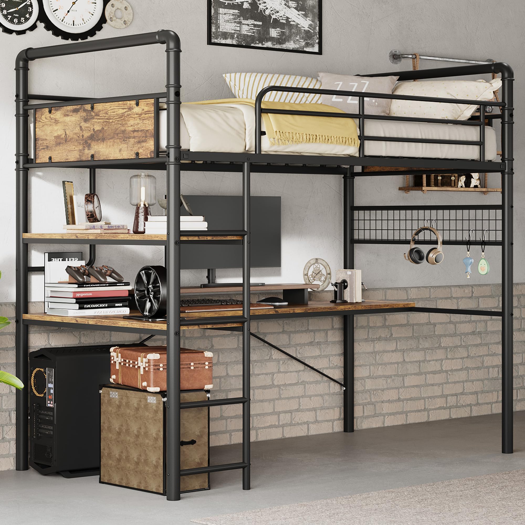 IDEALHOUSE Loft Bed Twin Size with l-Shaped Desk, Metal Bunk Bed with 2 Open Shelves and Decorative Mesh, Twin Loft Bed with 13.4" h Safety Guard & Ladder,No Box Spring Needed,Brown