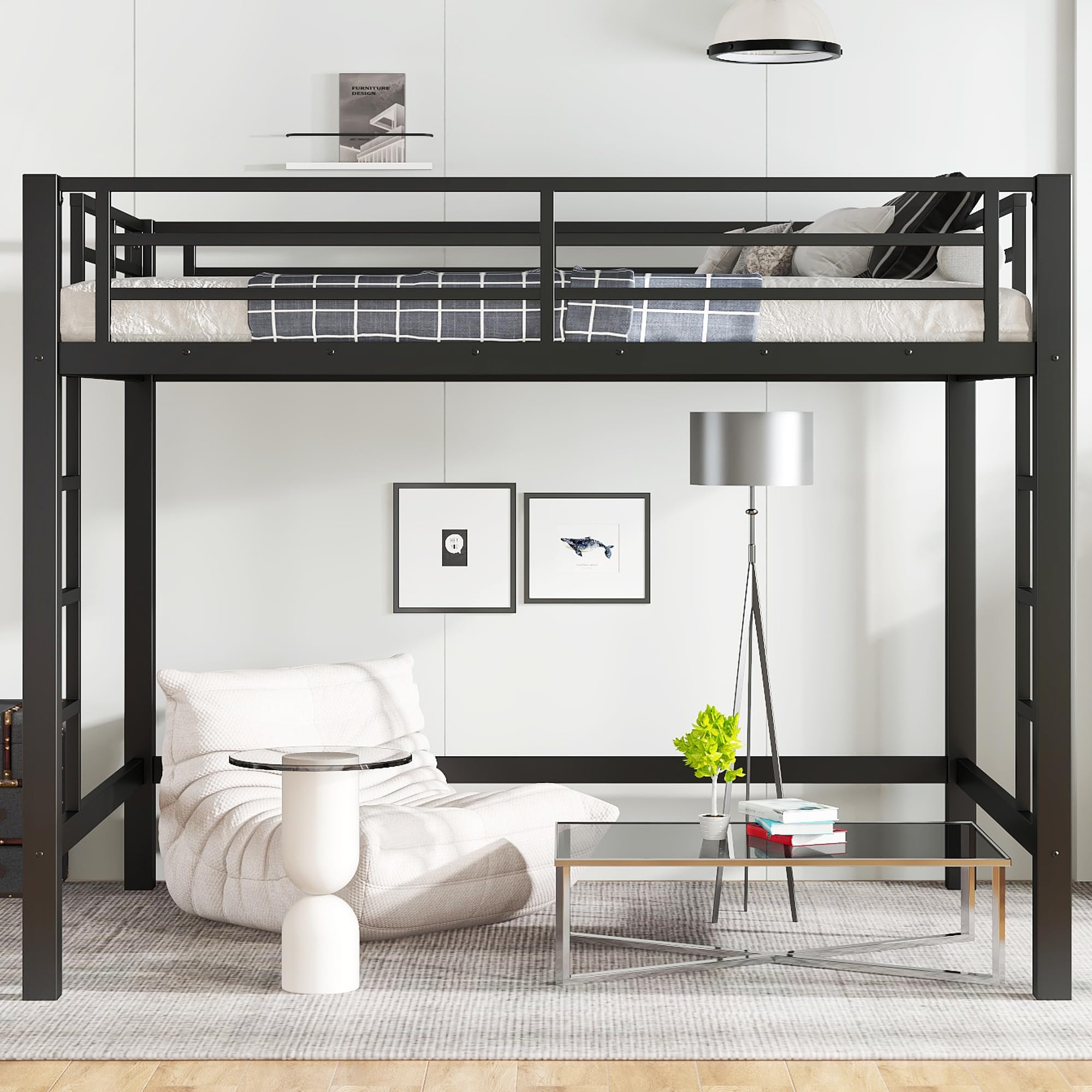 KEIKI Queen Loft Bed with Climbing Ladder for Adults，Heavy Duty Bunk Beds with Guardrails, Metal Bedframe for Bedroom, Black