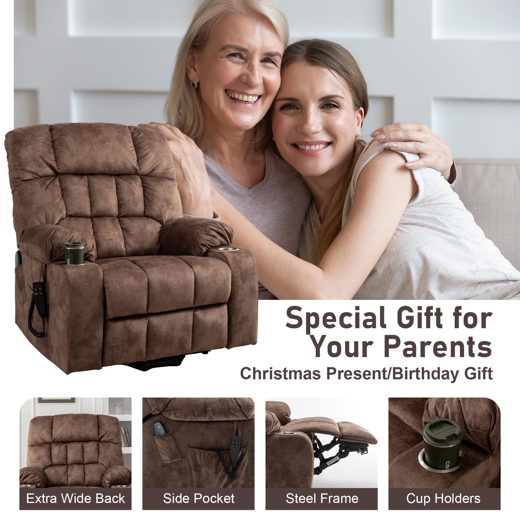 Oversized Power Recliner Chair for Big and Tall 400 LBS, 25.5" Extra Wide Electric Lift Chair with Heat and Massage, Dual Motor 180° Lay Flat Recliner Living Room Sofa, Velvet Big Lift Recliner