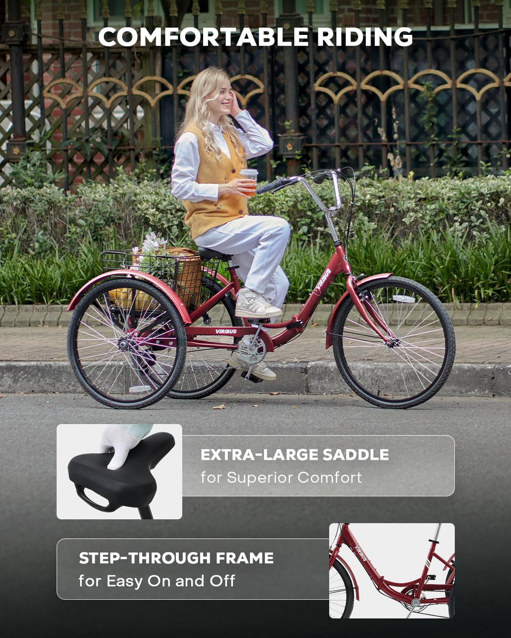 VIRIBUS Folding Tricycle for Adults, 7 Speed Folding Adult Tricycle with Detachable Wheeled Basket, Foldable 3 Wheel Bikes for Adults Women Female Seniors, Collapsible Trike, 24 inch Red, 330 lb.