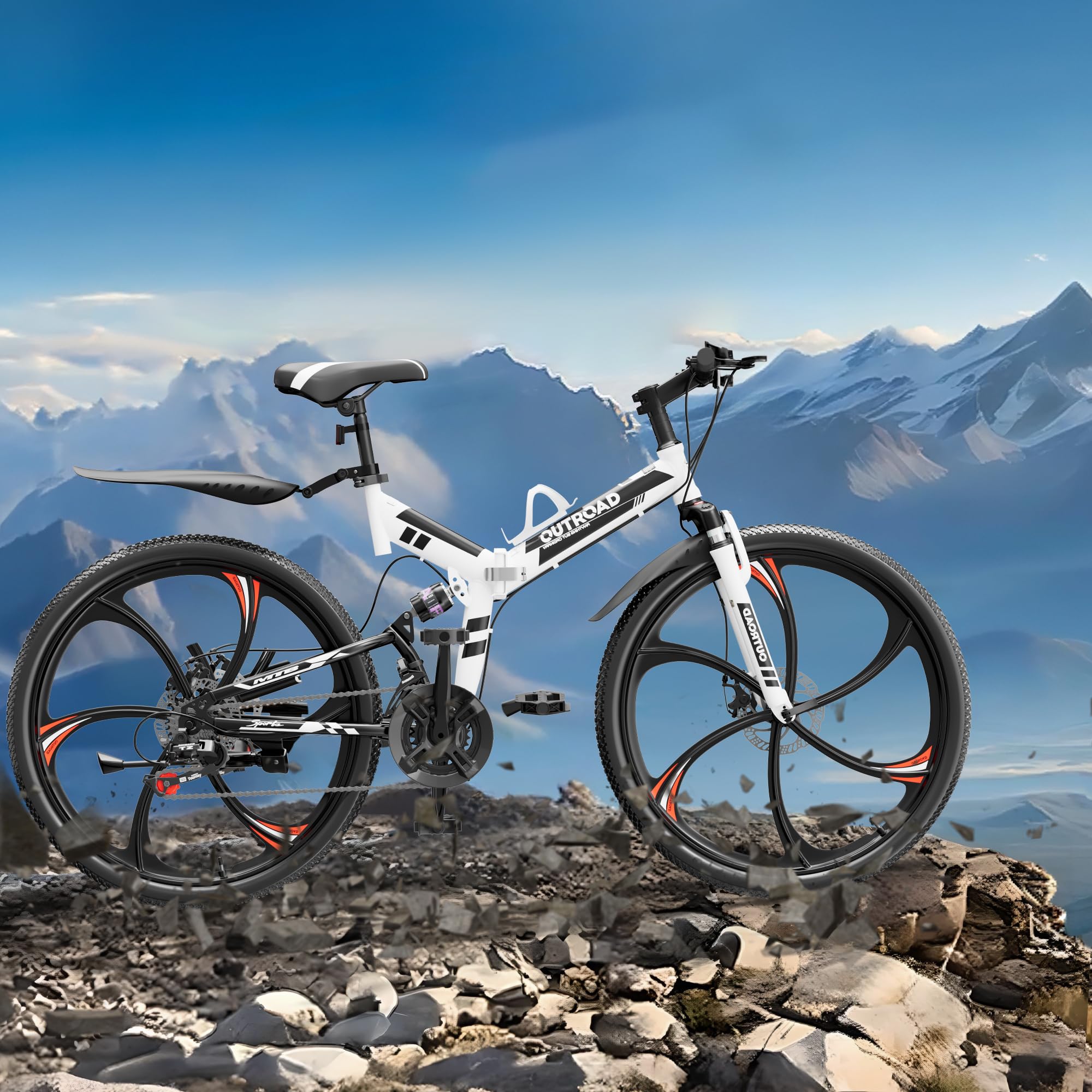 Outroad 26 Inch Folding Mountain Bike, 21 Speed Dual Disc Brake Non-Slip Folding Bikes, Full Suspension High-Carbon Steel MTB Foldable Bicycle for Adults/Women/Men, White