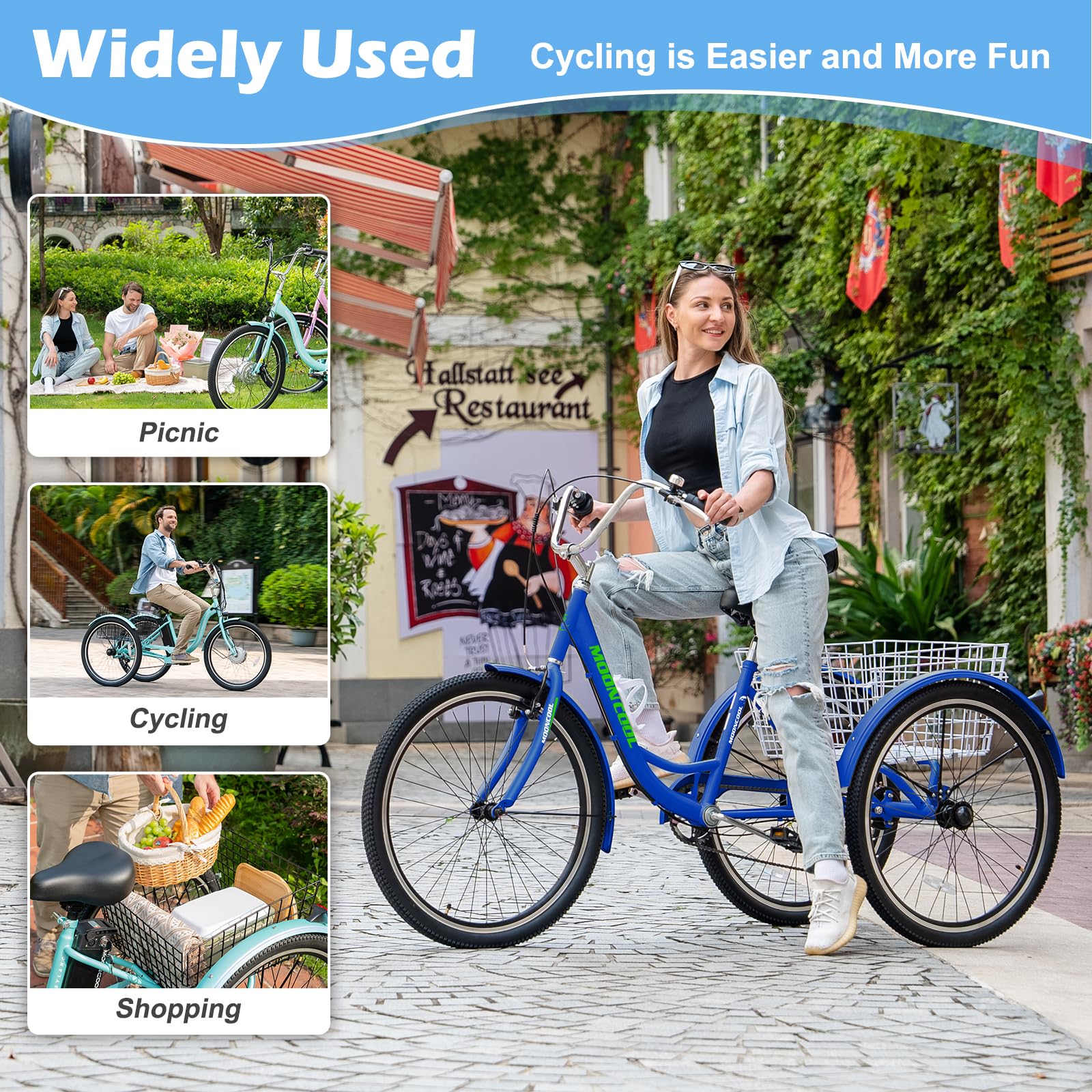 Slsy Adult Tricycle 7 Speeds Tricycle for Adults, 20 & 24 & 26-Inch Three Wheel Bikes, Adult Trikes Cargo Cruiser Trike for Seniors, Women, Men.