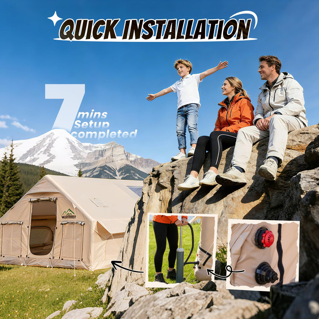 Inflatable Tent with Skylight, Quick Setup Blow Up Tents with Pump, Waterproof Oxford Inflatable House for Camping, Hot Tent with Stove Jack, Air Glamping Tents for Camping Adult 10-12 Person