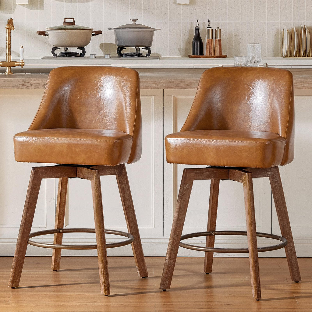 Finekoze Counter Height Bar Stools,Brown-Colored Faux Leather Comfort Fabric Bar Stool Set of 2，360° Swivel Counter Height Stools Solid Wood Legs,27'' Barstools with Contoured Backrest