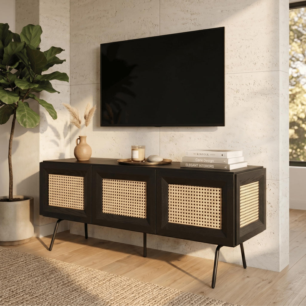 NTC Mossic TV Media Cabinet with 3 Doors for TVs, Entertainment Center with Natural Rattan, Metal Legs, Modern Storage Console for Living Room and Bedroom, Effortless Assembly, Burnt Black