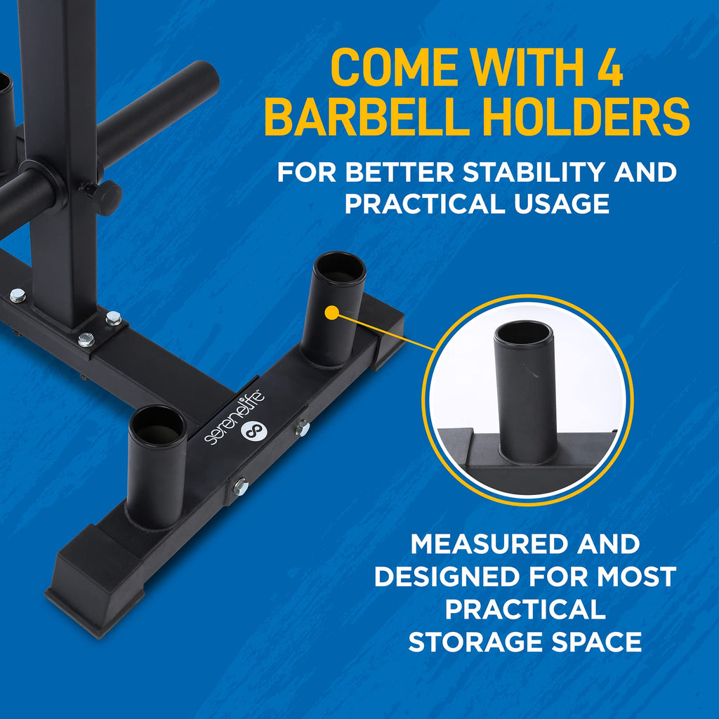 SereneLife 6-Pegs Olympic Weight Plate Rack & 4 Barbells - 800 Pounds Capacity, Heavy Duty Gym Organizer, Scratch Resistant Frame, Powder-Coat Finish, Easy to Assemble, Compact & Space-Saving