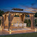 Breezestival 10'x12' Hardtop Gazebo, Aluminum Frame Permanent Pavilion with String Lights,Curtains and Netting, Outdoor Metal Gazebo Polycarbonate Double Roof Canopy for Garden,Lawns,Patio, Brown
