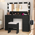 CHARMAID Vanity Desk with Mirror and Lights, Charging Station & Storage Stool, Makeup Vanity Table with 7 Drawers, 3 Open Cubbies, 46.5" Large Modern Dressing Table with Chair for Bedroom, Black