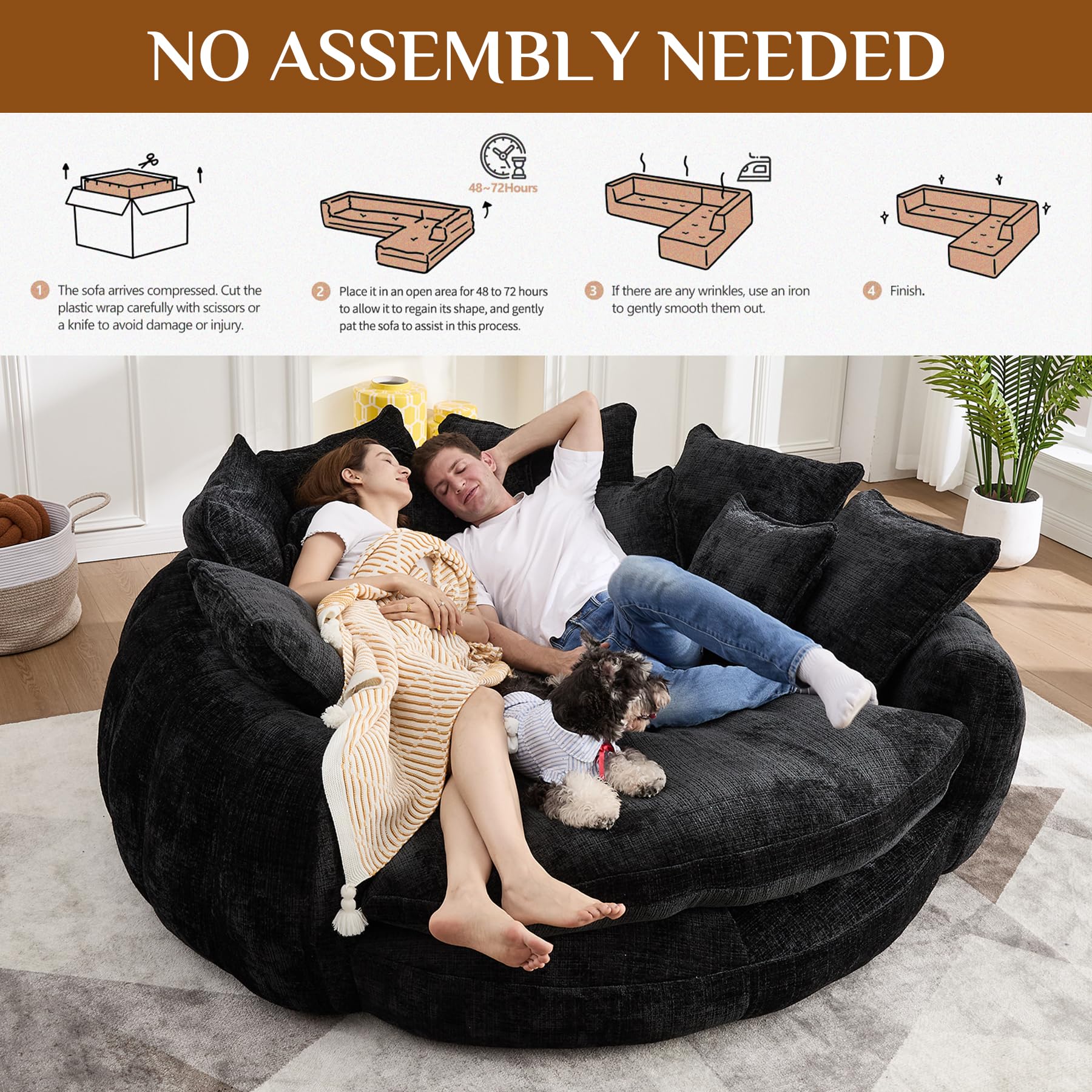 81" Round Sofa Bed Big Bean Bag Round Chaise Lounge Oversized Round Couch Boneless Reading Chair Plush Fluffy Chenille Large Chaise Chair for Living Room, Bedroom, Apartment, Black