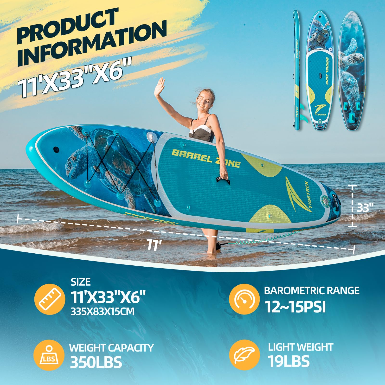 TIDETREK 11'/11'6" x 33"/34" x 6" Inflatable SUP Paddle Board – Extra-Wide, Stable Stand Up Paddle Board with Premium Full Accessory Set for Adults & Youth (Blue Turtle/Kayak Seat, 11'x33 x6)