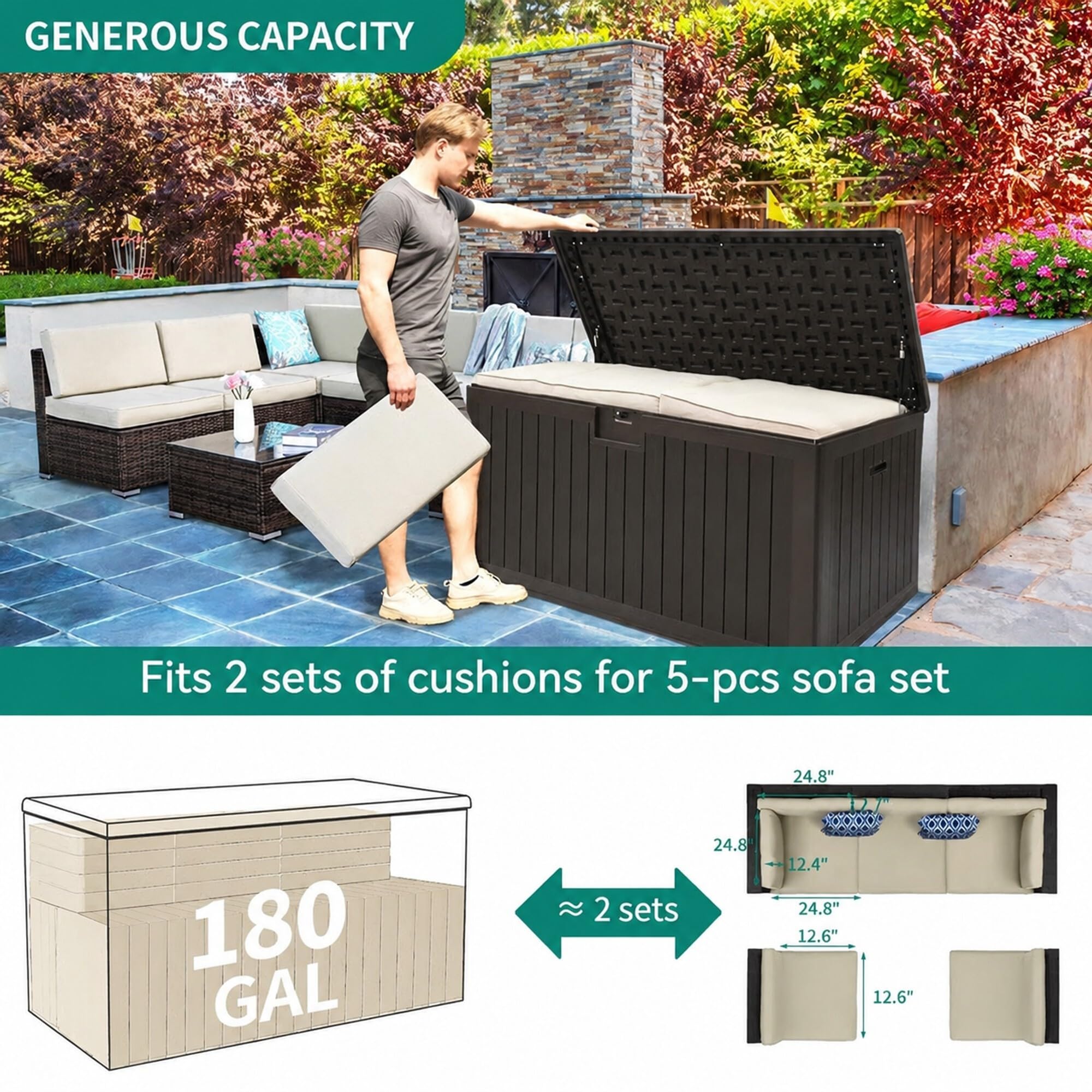 YITAHOME 180 Gallon Double-Wall Deck Box with Side Handles, Outdoor Large Storage for Patio Furniture Cushions, Garden Pool Accessories, Water Resistant & Lockable