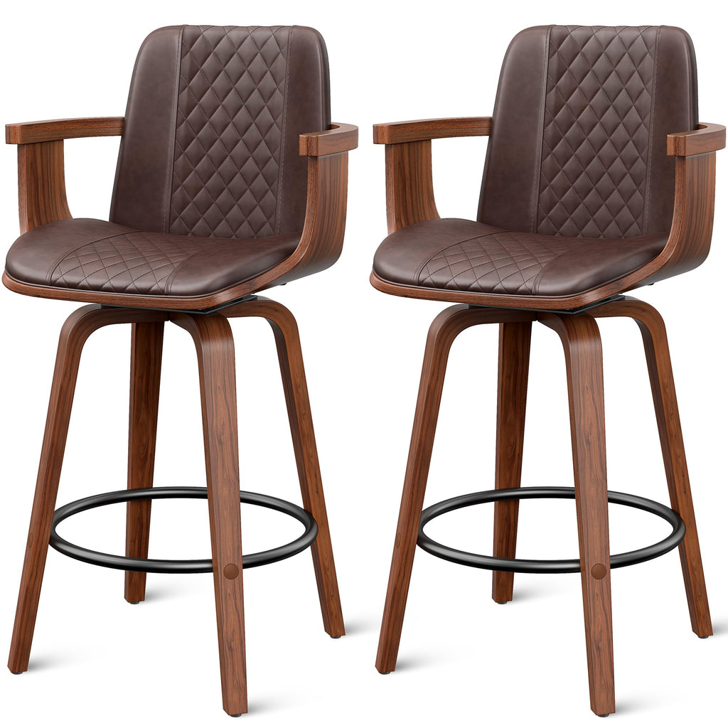 YaFiti Swivel Bar Stools Set of 2, 26" Counter Height Barstools with Wood Legs and Backs, Upholstered PU Leather Bentwood Frame Bar Chairs with Armrest for Kitchen Island, Dining Room, Brown