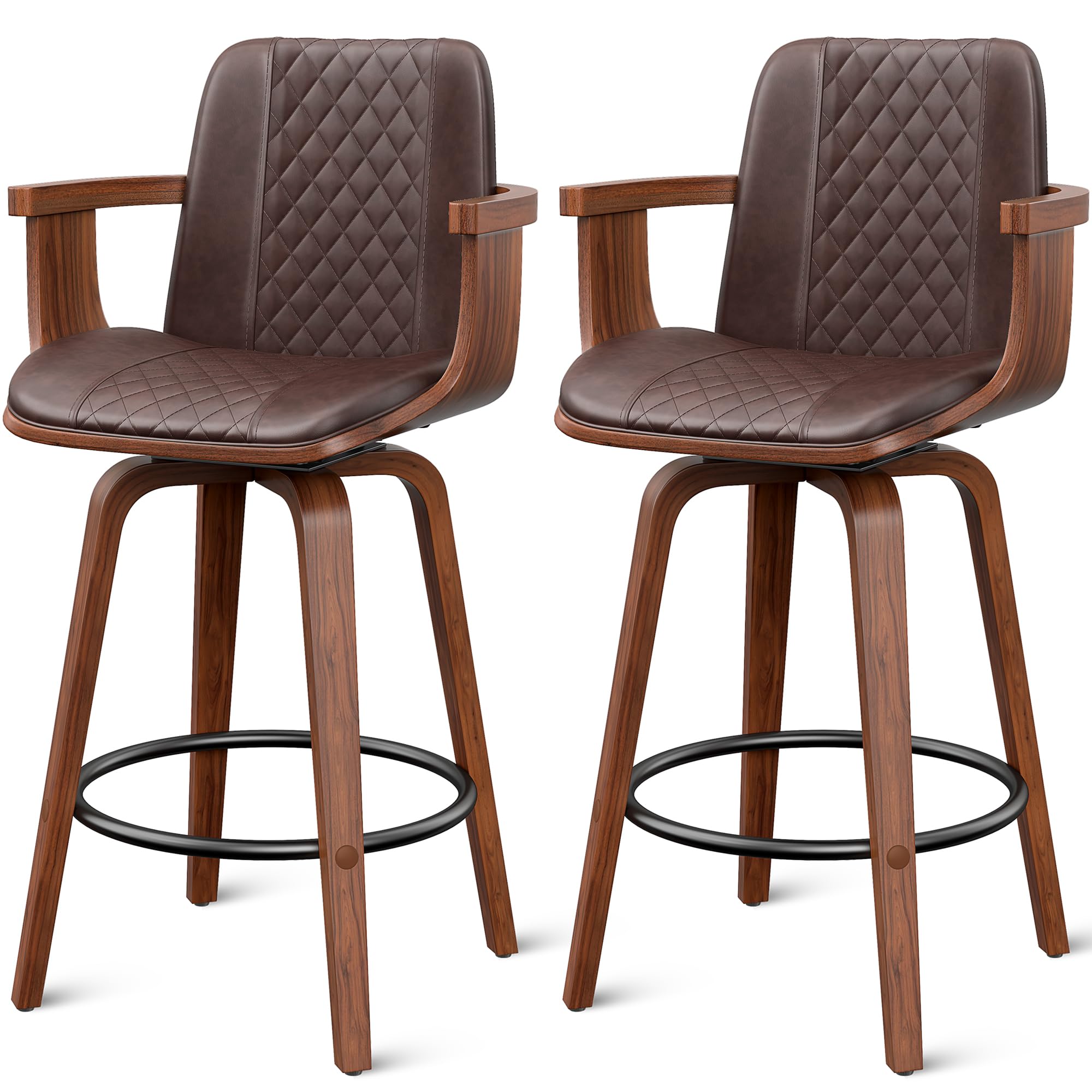 YaFiti Swivel Bar Stools Set of 2, 26" Counter Height Barstools with Wood Legs and Backs, Upholstered PU Leather Bentwood Frame Bar Chairs with Armrest for Kitchen Island, Dining Room, Brown