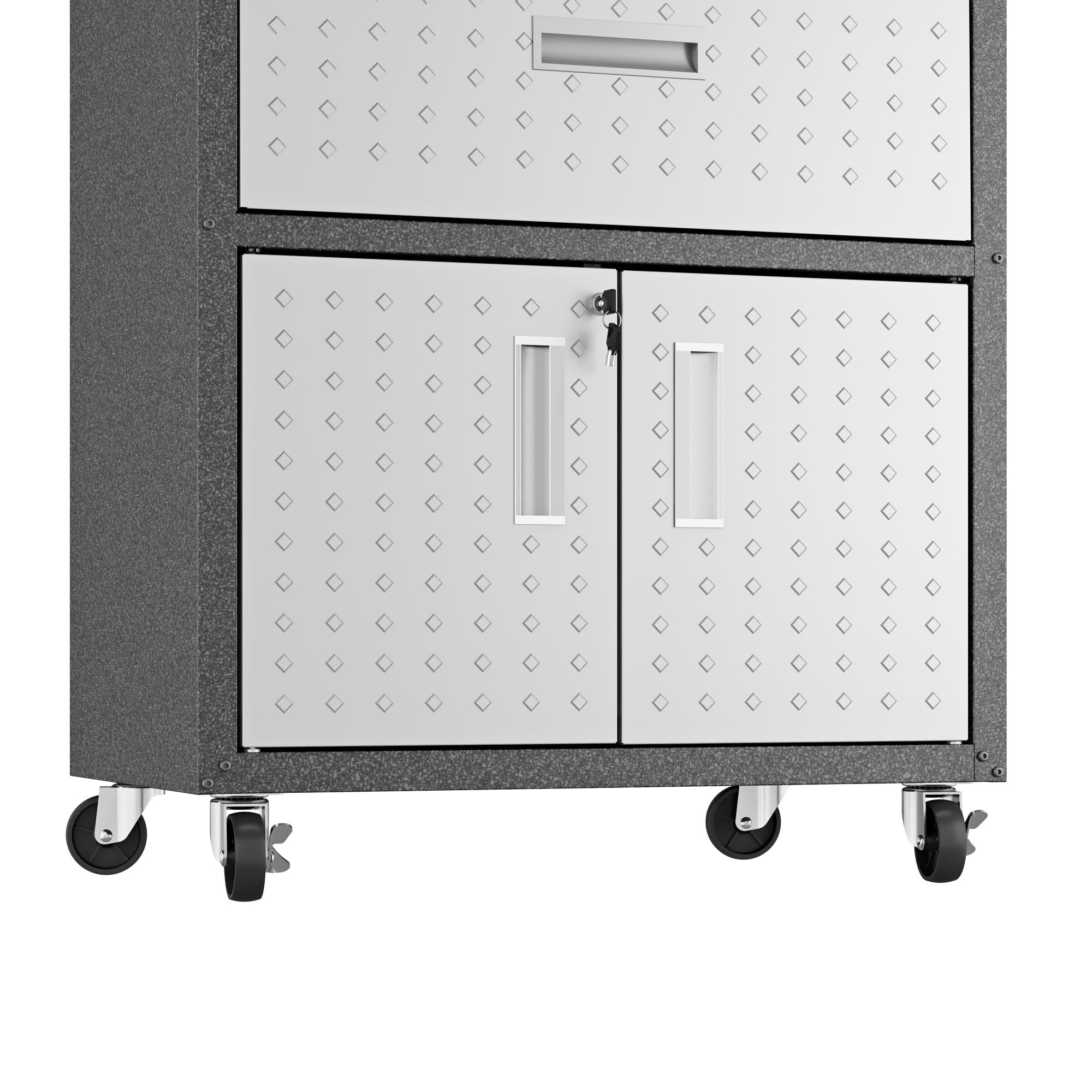 Manhattan Comfort Fortress Textured Metal 31.5" Garage Mobile Cabinet with 1 Full Extension Drawer and 2 Adjustable Shelves, Black/Gray