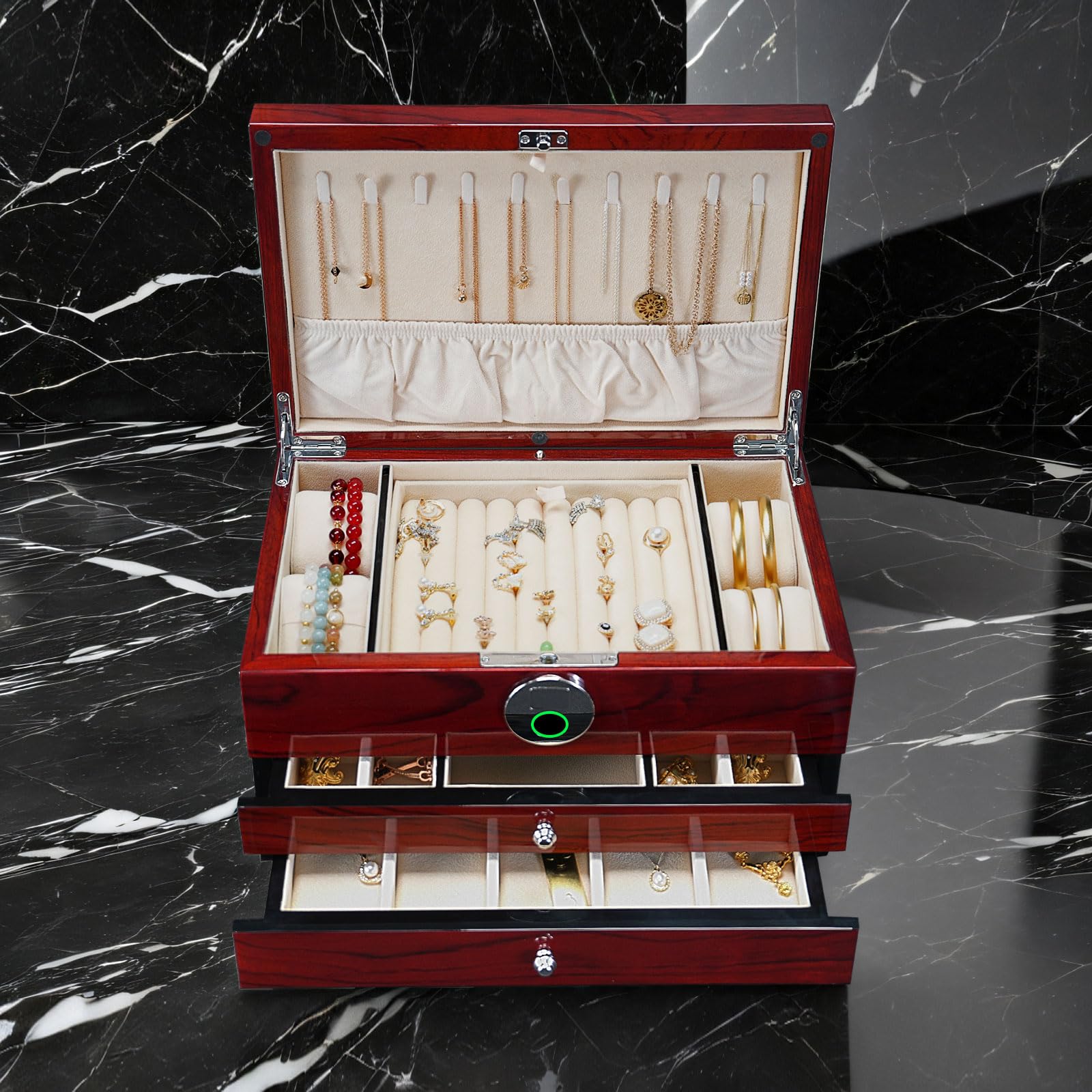SYENS Wood Jewelry Box for Women, 3-layers Large Jewelry Storage Box&Organizer Fingerprint Lock, Drawers Full Locking, Mother Gifts (3L-RS)