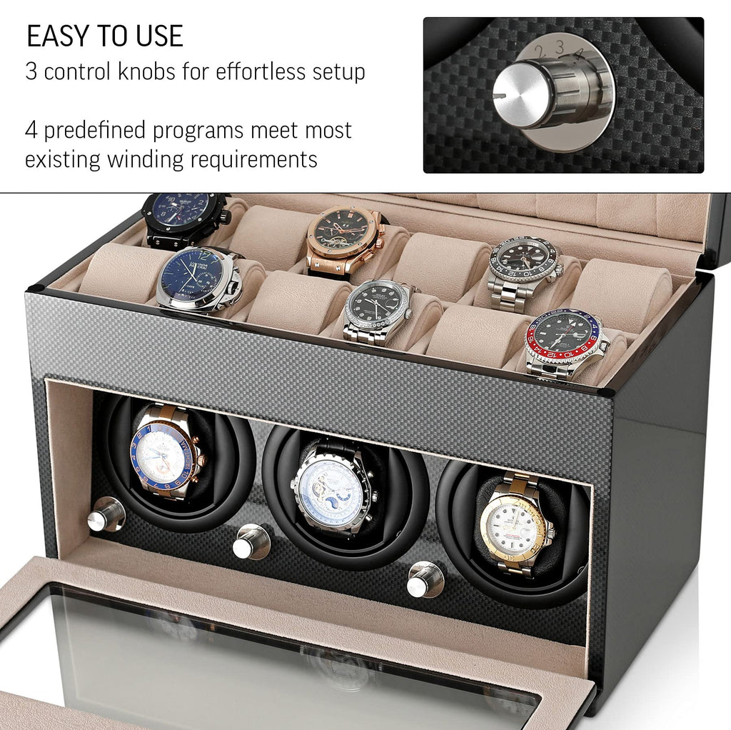 Watch Winder and Storage box for winding 3 Automatic Watches and 12 Watch Storage Space (Carbon + Beige)