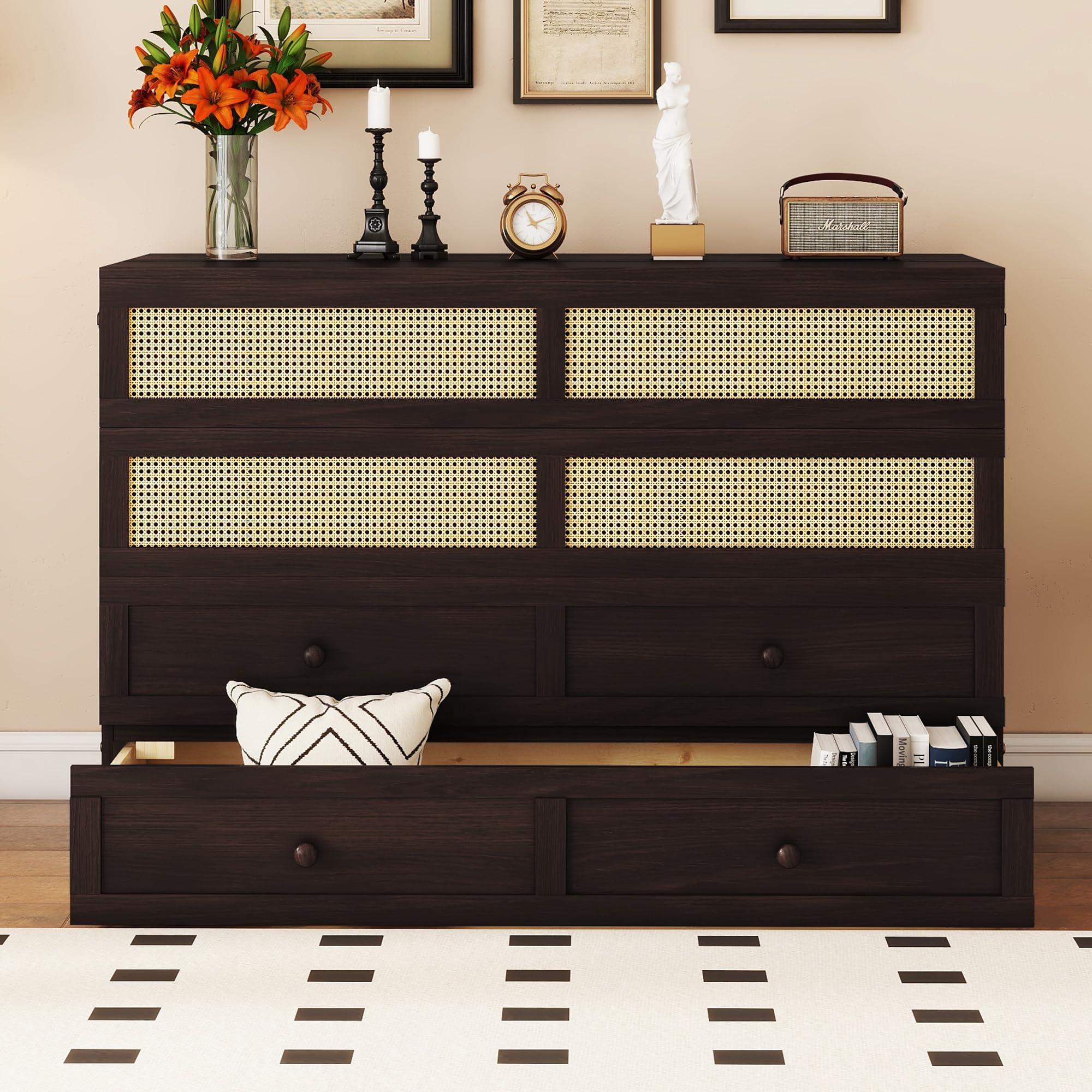 Ball & Cast Hideaway Cabinet Bed Queen Size,Wood Rattan Murphy Bedframe with Storage Drawer,Wall Platform can be Folded up,Space-Efficient Design,for Apartment,Bedroom,Espresso