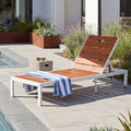 ApilithHive Outdoor Chaise Lounge with 6-Position Adjustable Backrest, Acacia Wood and Steel Frame, 78.7", 400 lbs Capacity, White and Brown