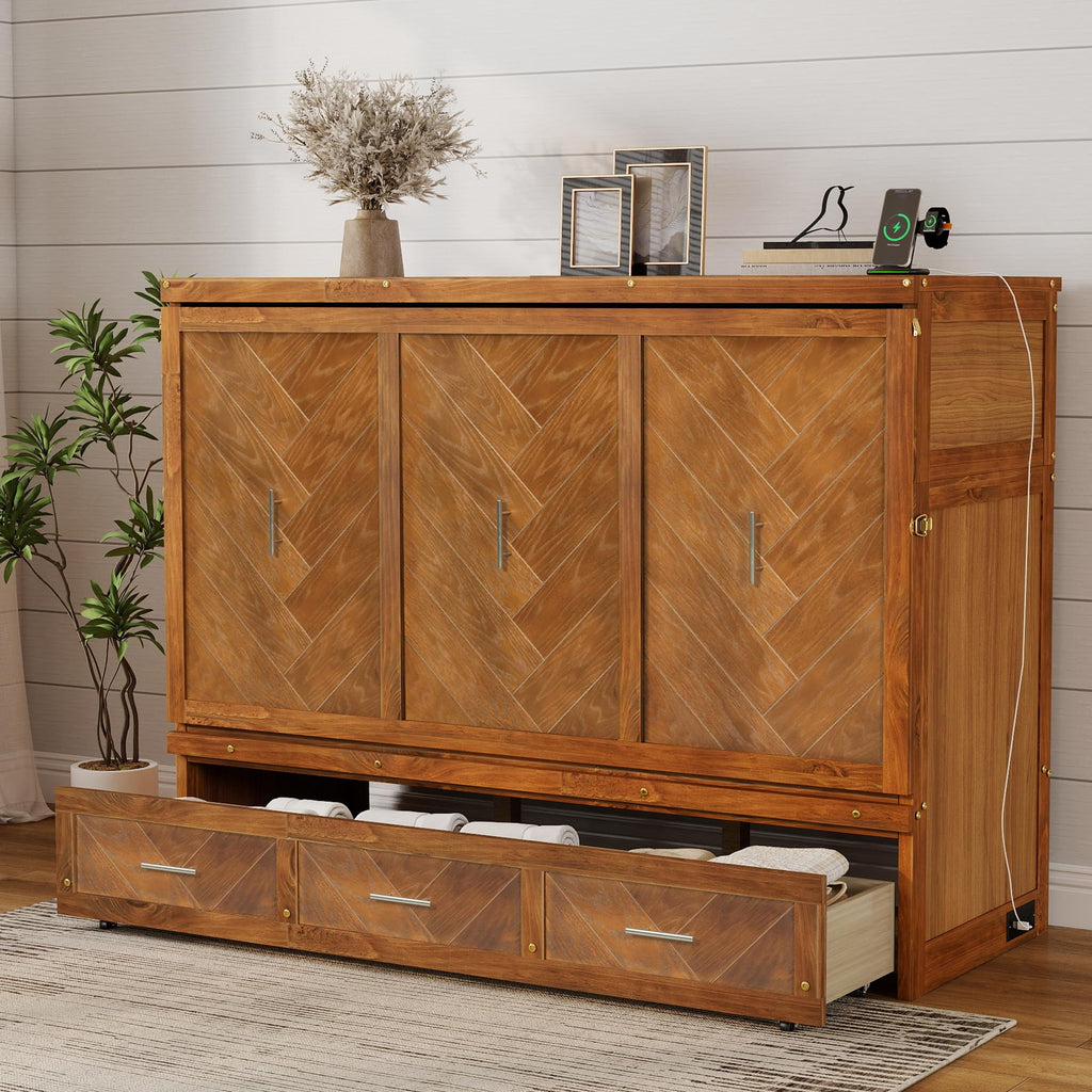 DNYN Queen Size Murphy Bed with Storage Drawer and Built-in Charging Station for Bedroom/Guest Room, Space-Saving Foldable Pine Wood Cabinet Bed with USB Ports, No Box Spring Needed