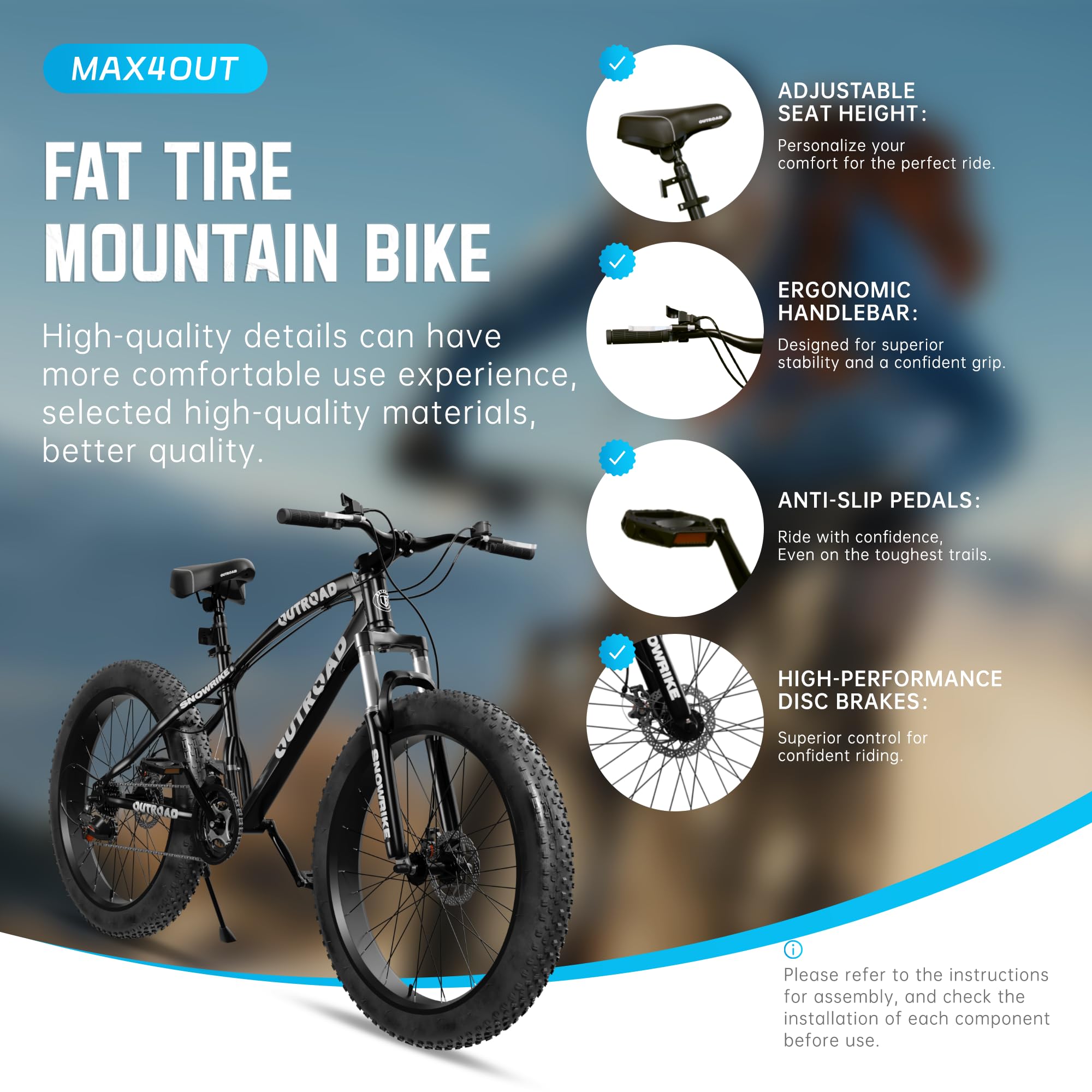 MarKnig 26 inch Fat Tire Mountain Bike with 4 inch Knobby Tires, 21 Speed MTB with Dual Disc Brake for Adults, Anti-Slip Bicycle, Black
