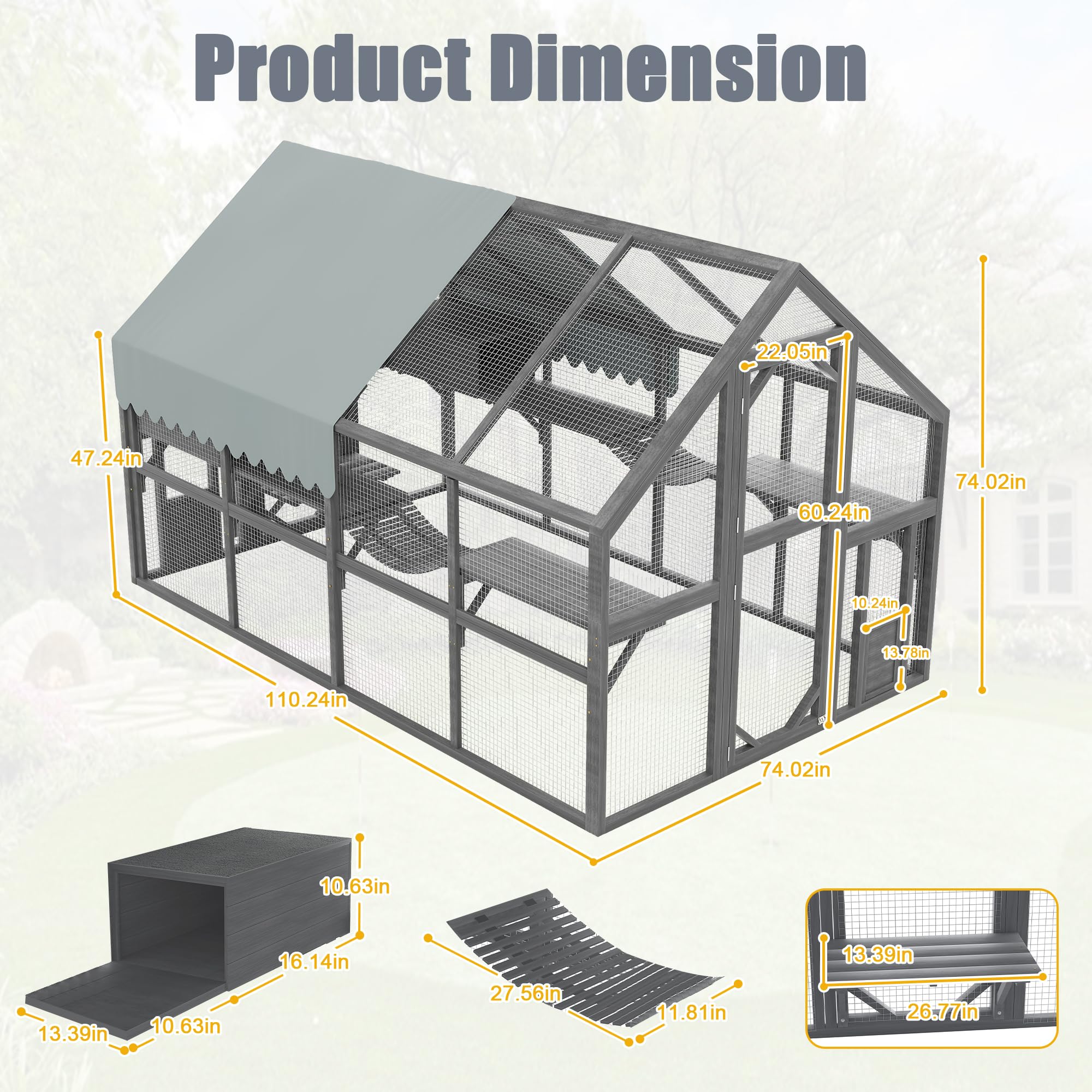KEIKI 110" Large Outdoor Cat Enclosure for Multiple Cats, Weatherproof Wooden Catio with 7 Platforms, 2 Resting Boxes, 2 Bridges & Canopy, Secure Outdoor Cat House, Gray