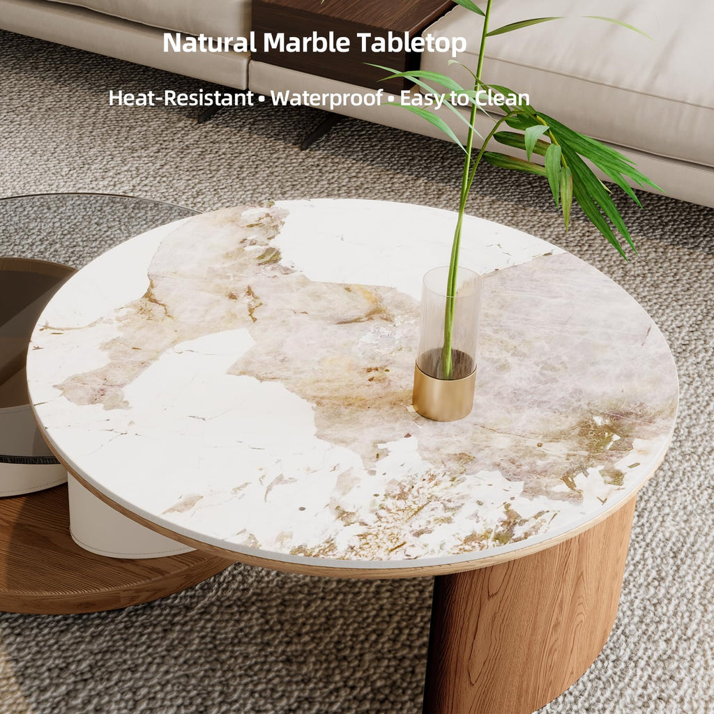 KEIKI 32" Faux Marble Tabletop Round Wood Storage Coffee Table with Rotating Wheels, 2 in 1 Design Modern Coffee Table, No Assembly Required, for Apartment, Living Room, Bedroom, Reception Room, White