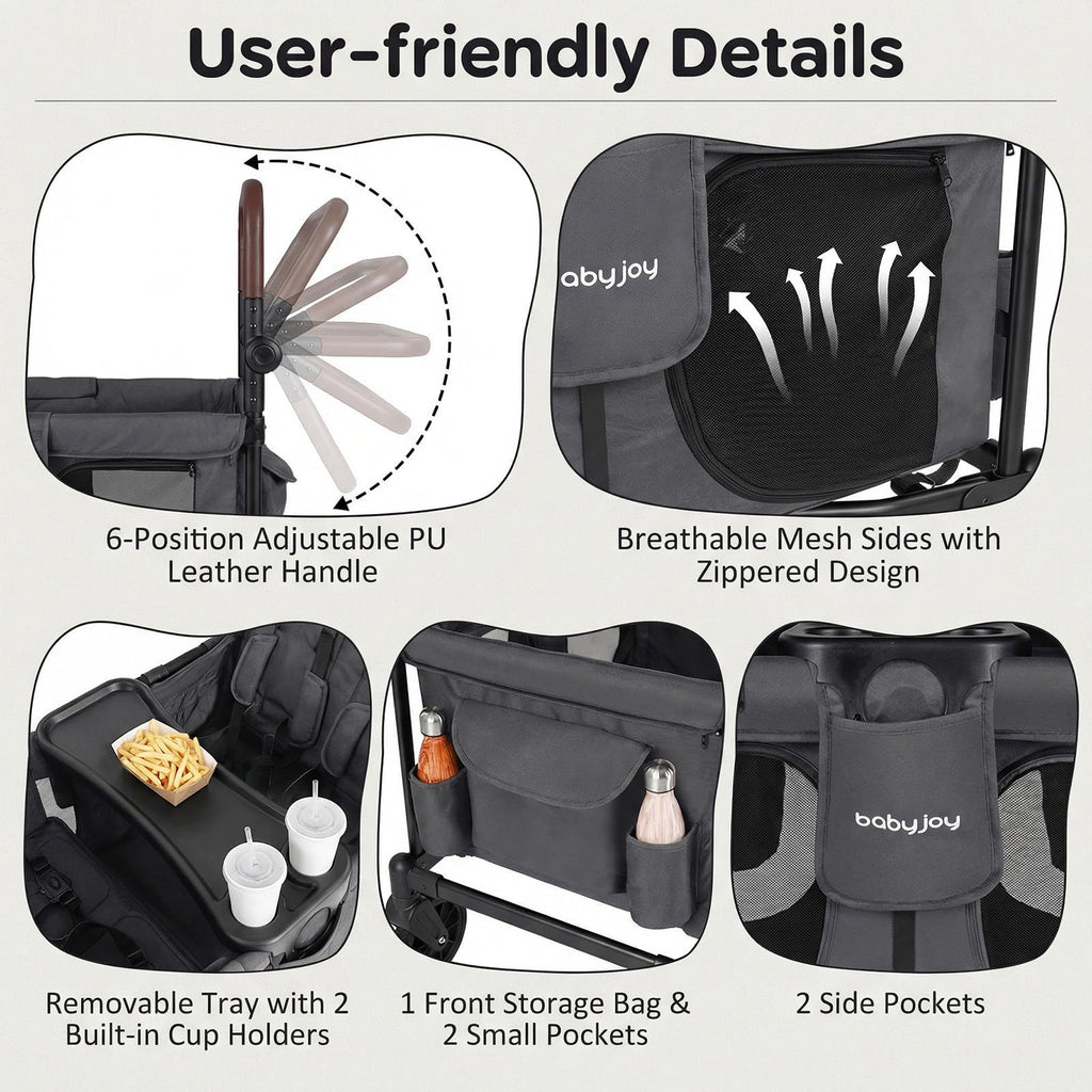 BABY JOY Wagon Stroller for 4 Kids, Foldable Stroller Wagon with Removable Canopy, Adjustable Handle, Snack Tray, Parent Organizer, 5-Point Safety Harness, Convertible Diaper Bag/Changing Pad (Gray)