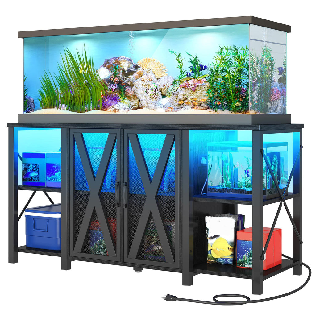 DWVO Reptile Tank Stand Aquarium Stand with Power Outlet & LED Light, 75/90/120 Gallon Terrarium Stand Cabinet - Heavy Duty Fish Tank Stand for Turtle Tank, Reptile Terrarium, 2000LBS Capacity, Black