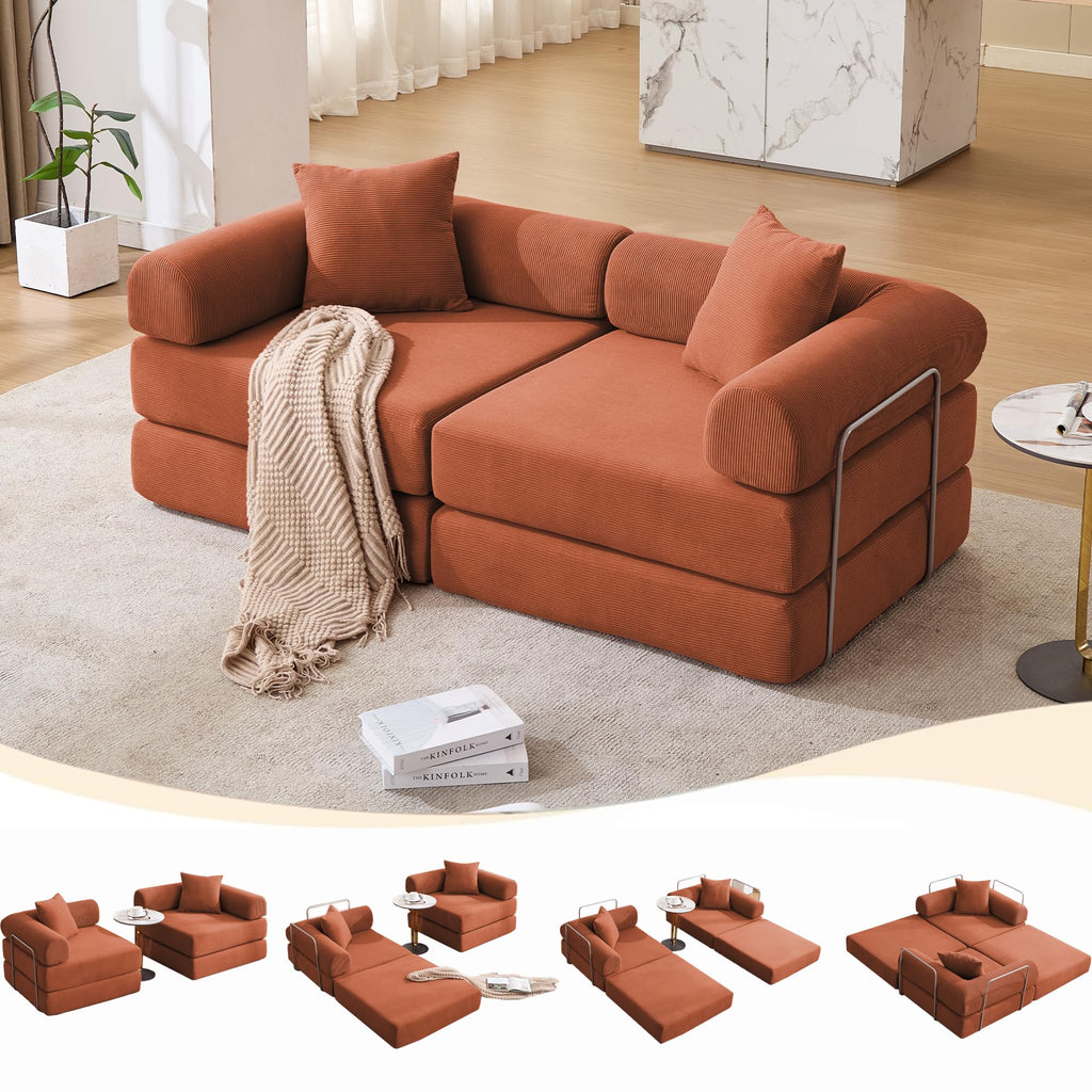 KEIKI 73" Corduroy Modular Sofa Bed with Removable Rolled Armrests and 2 Throw Pillow, Modern Style Convertible 2-Seater Upholstered Couch, No Assembly, for Apartment, Living Room, Orange